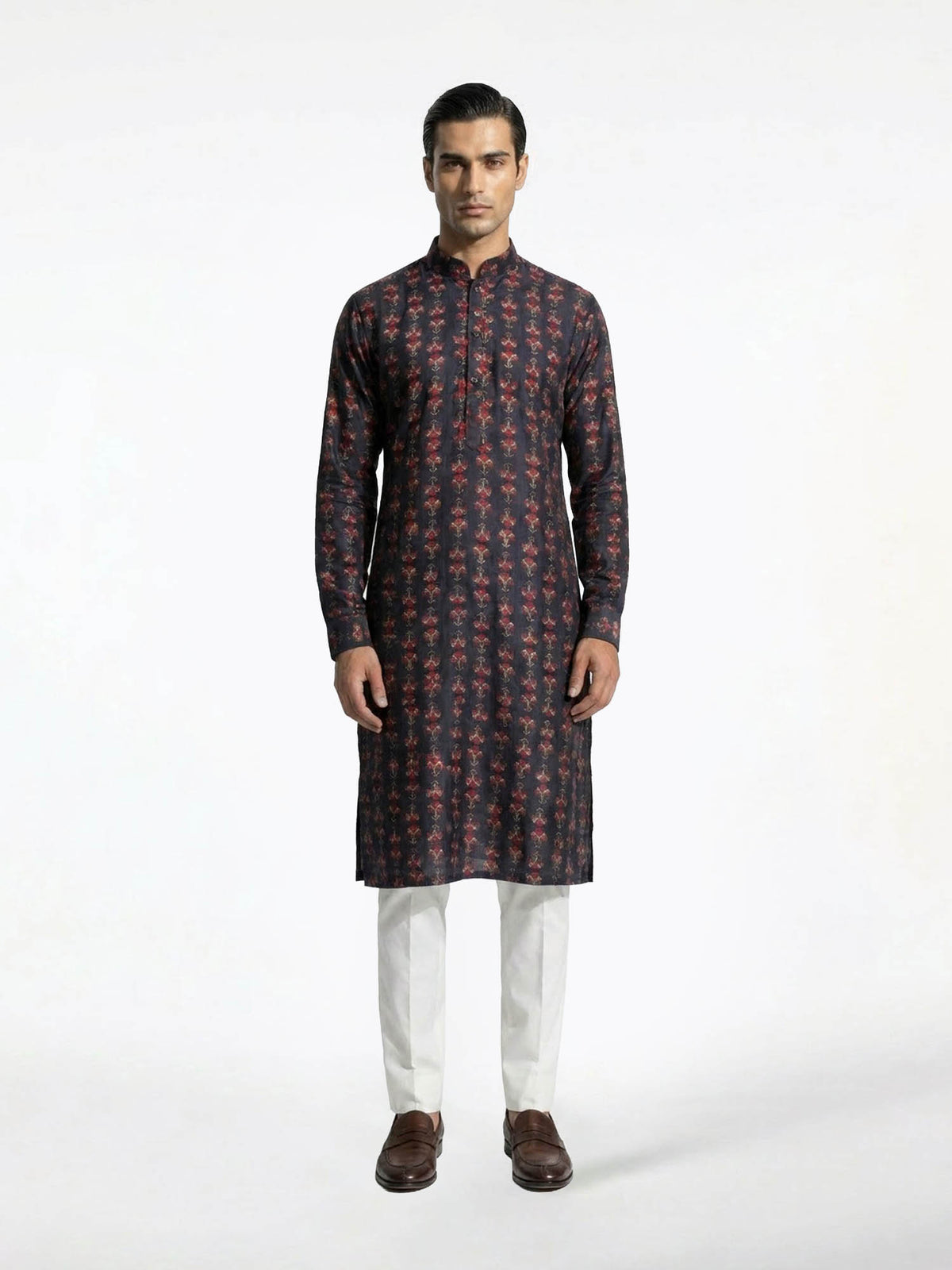 Black Mandarin Collar Printed Kurta Set