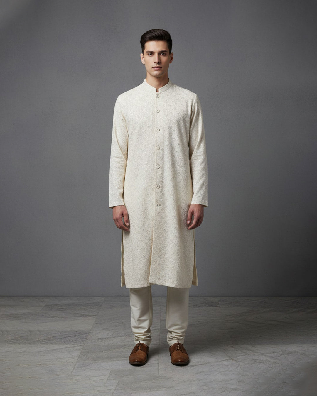 Champagne Beige Subtle Sequin Textured Kurta Set