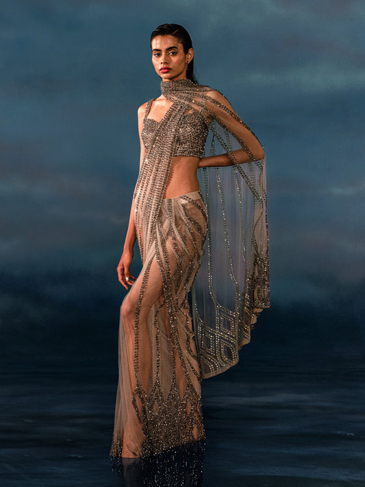 Hematite Metallic Pre-Stitched Sari