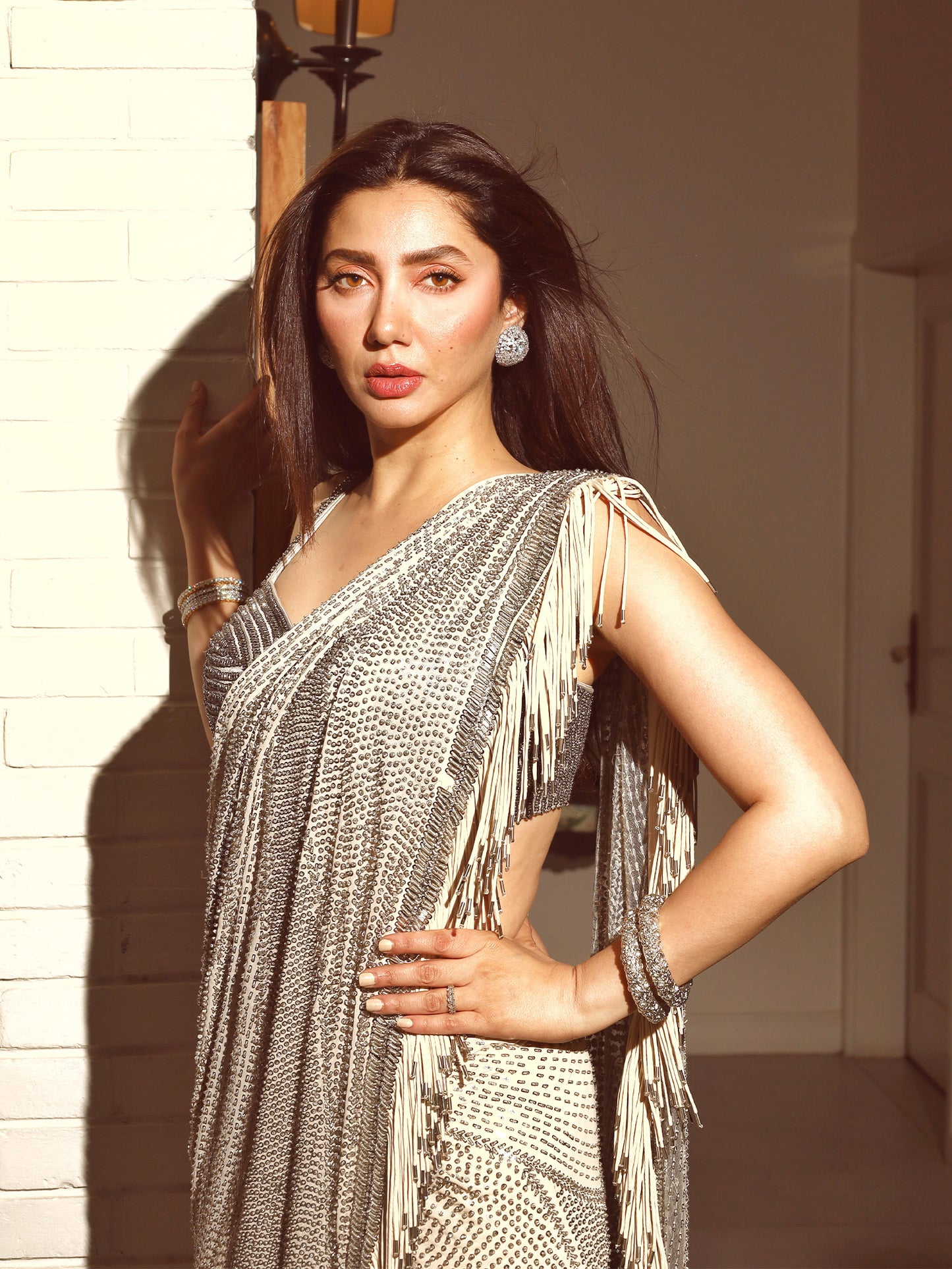 Mahira Khan In Draped Saree With Metallic Fringes