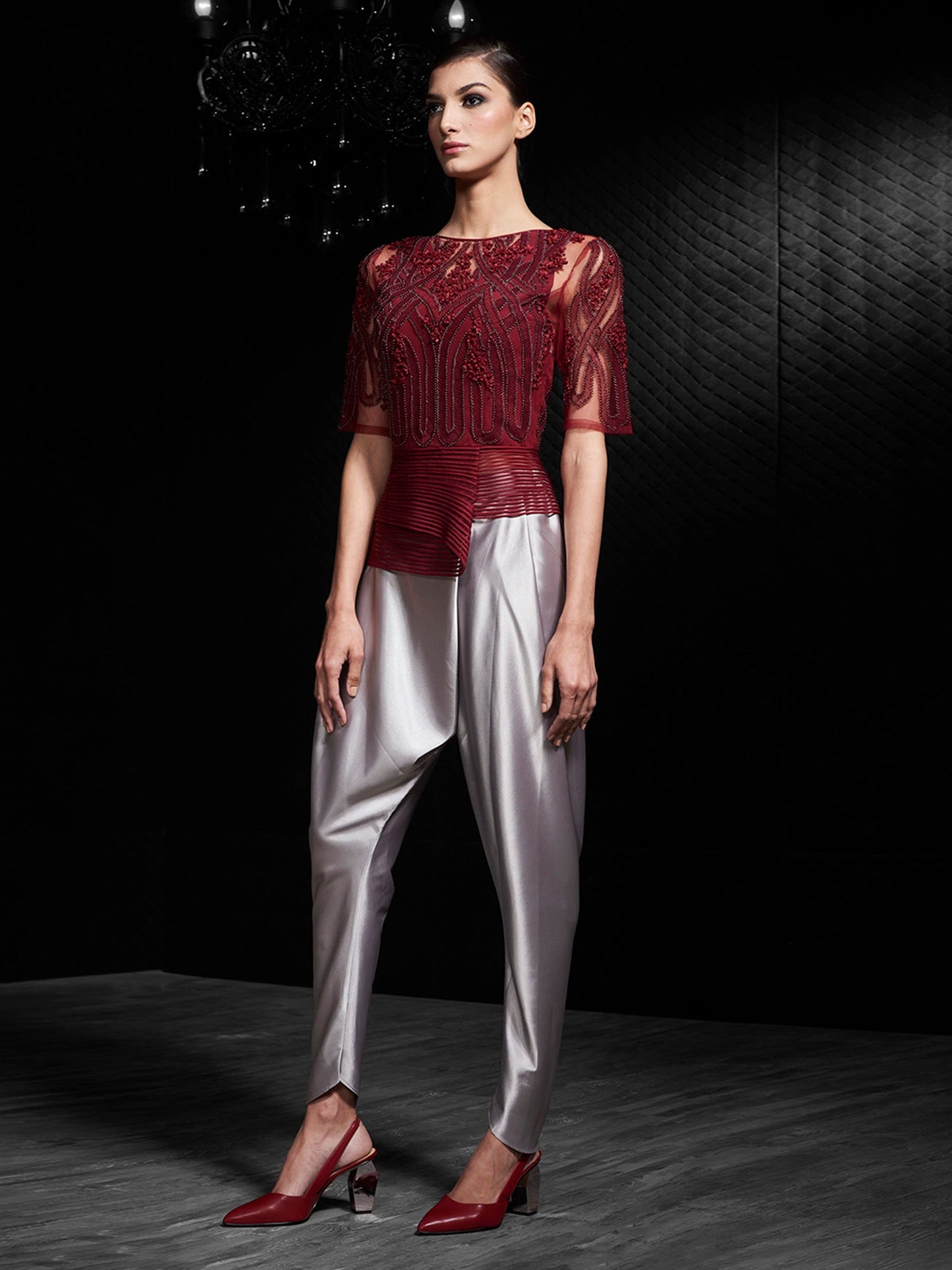 Maroon Embroidered Peplum Top