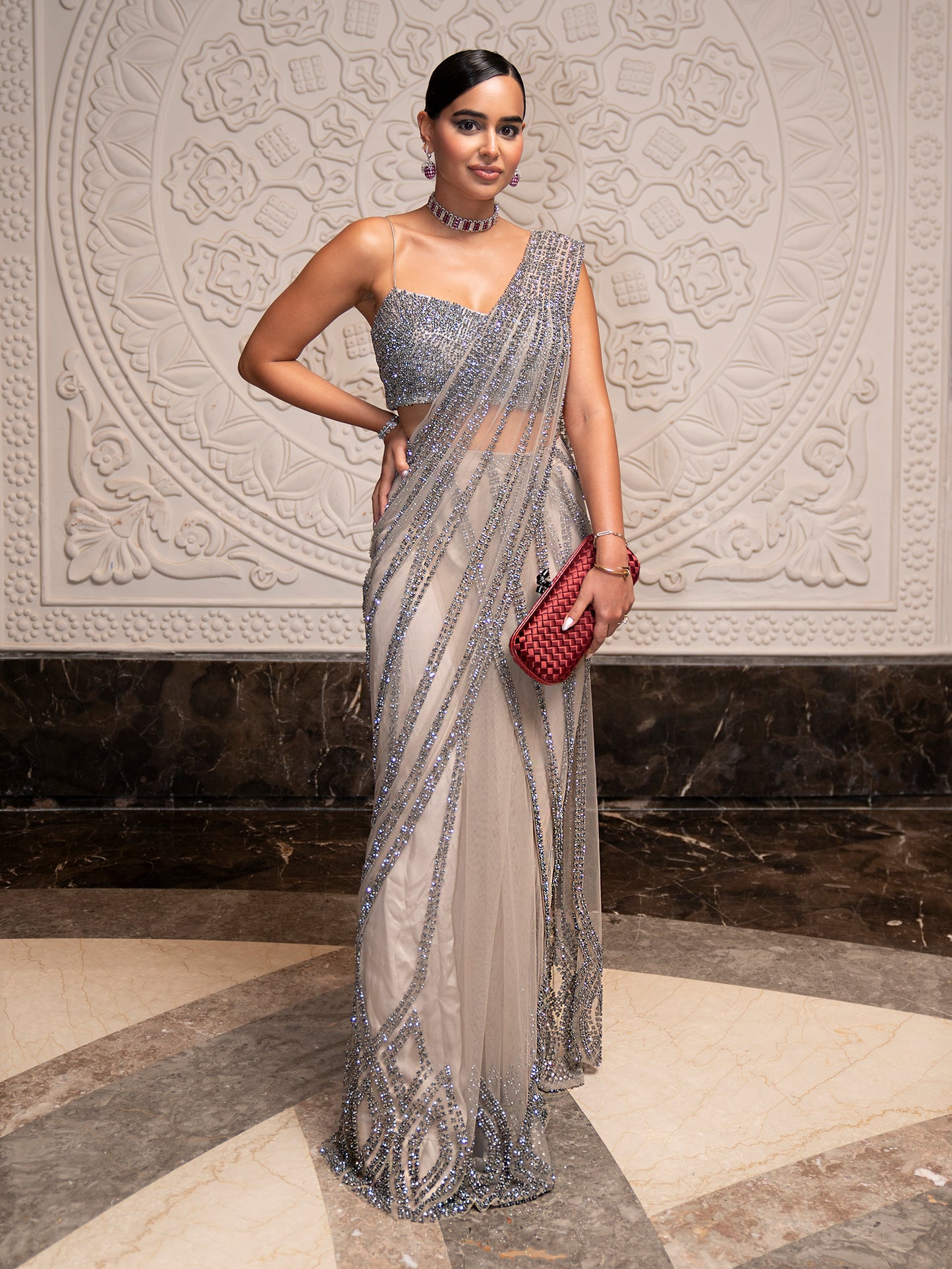 Hematite Metallic Pre-Stitched Sari