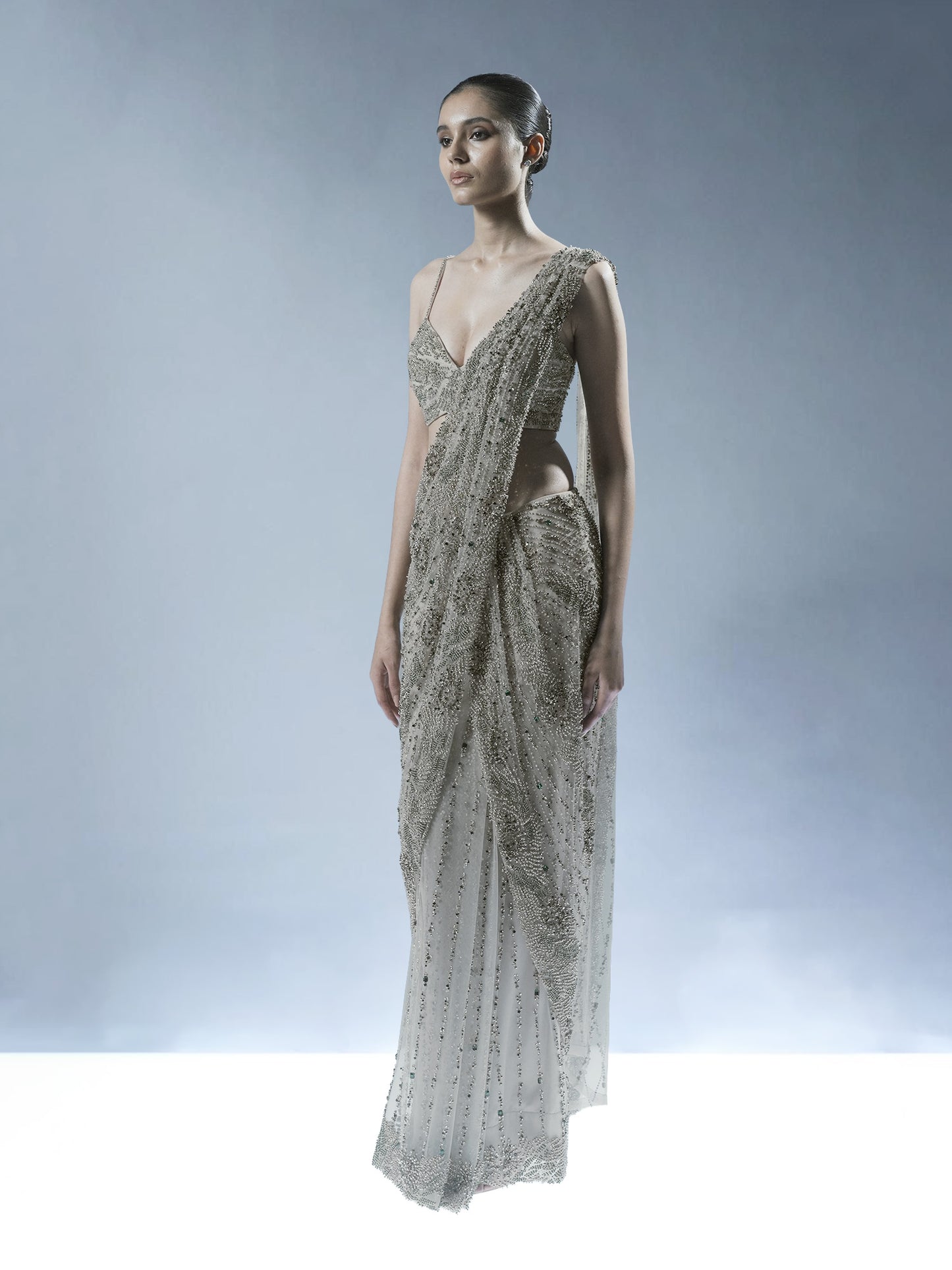 Ecru Crystal Embellished Pre-Draped Saree