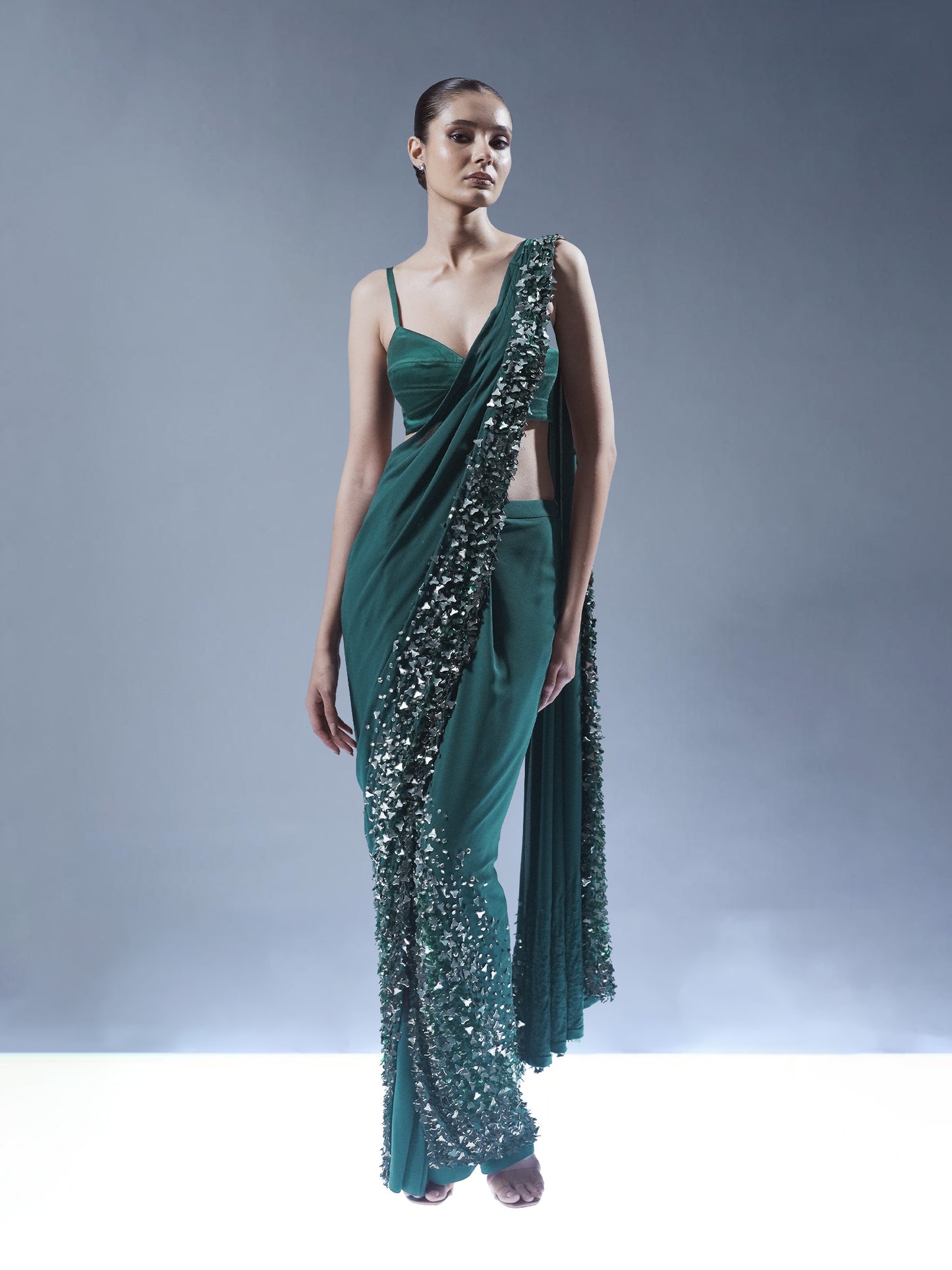 Emerald Cascade Embellished Saree