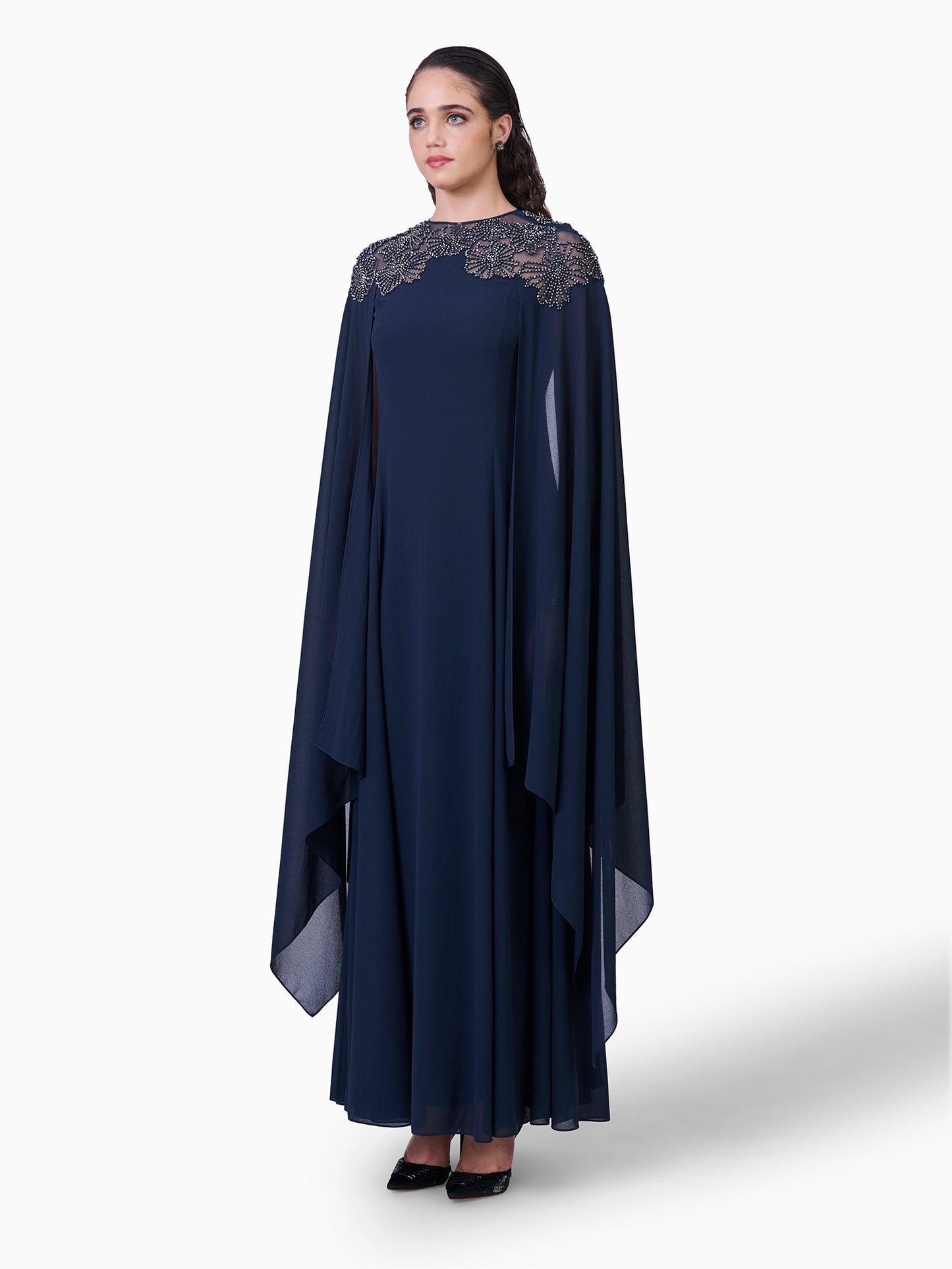 Navy Blue Kaftan With Embellished Shoulder