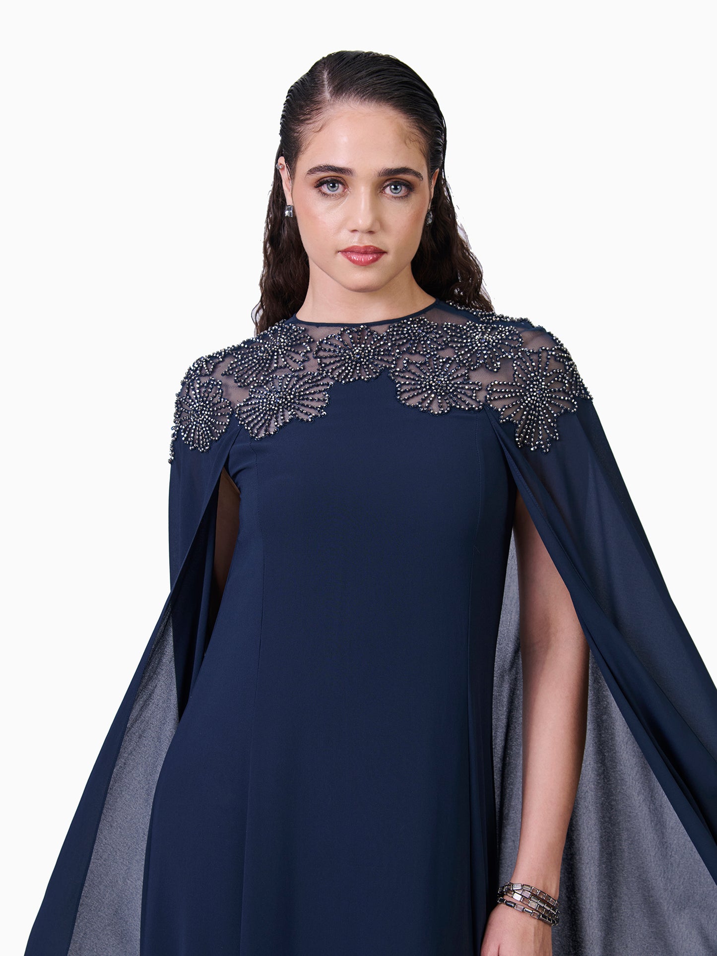 Navy Blue Kaftan With Embellished Shoulder