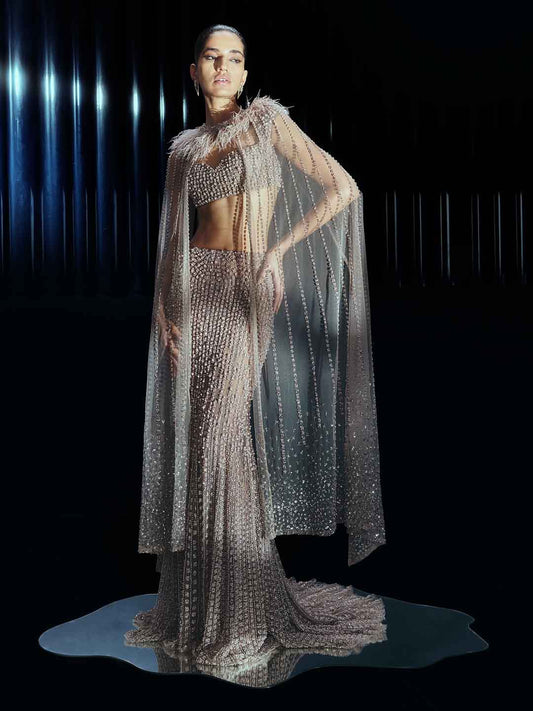 Elysian Spark Lehenga Paired with Statement Crystal Cape