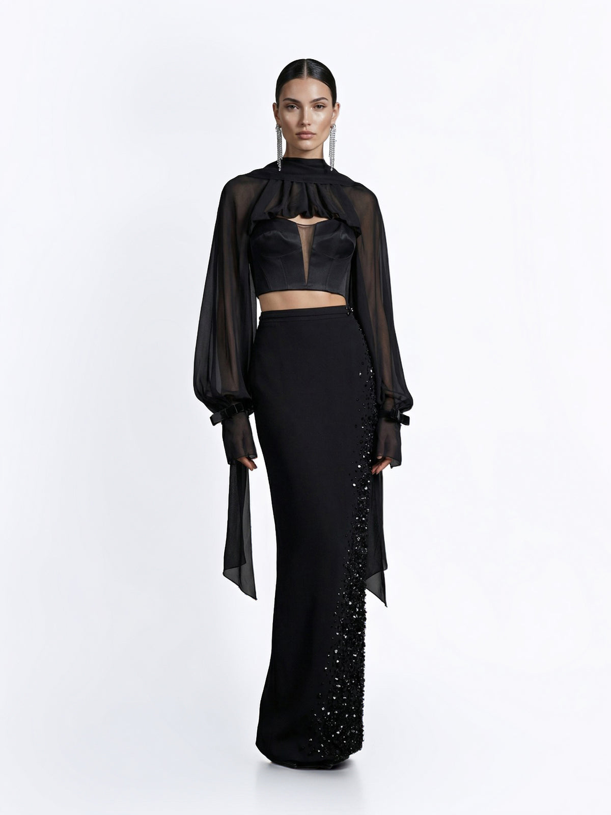 Sheer Draped Top & Embellished Skirt Set