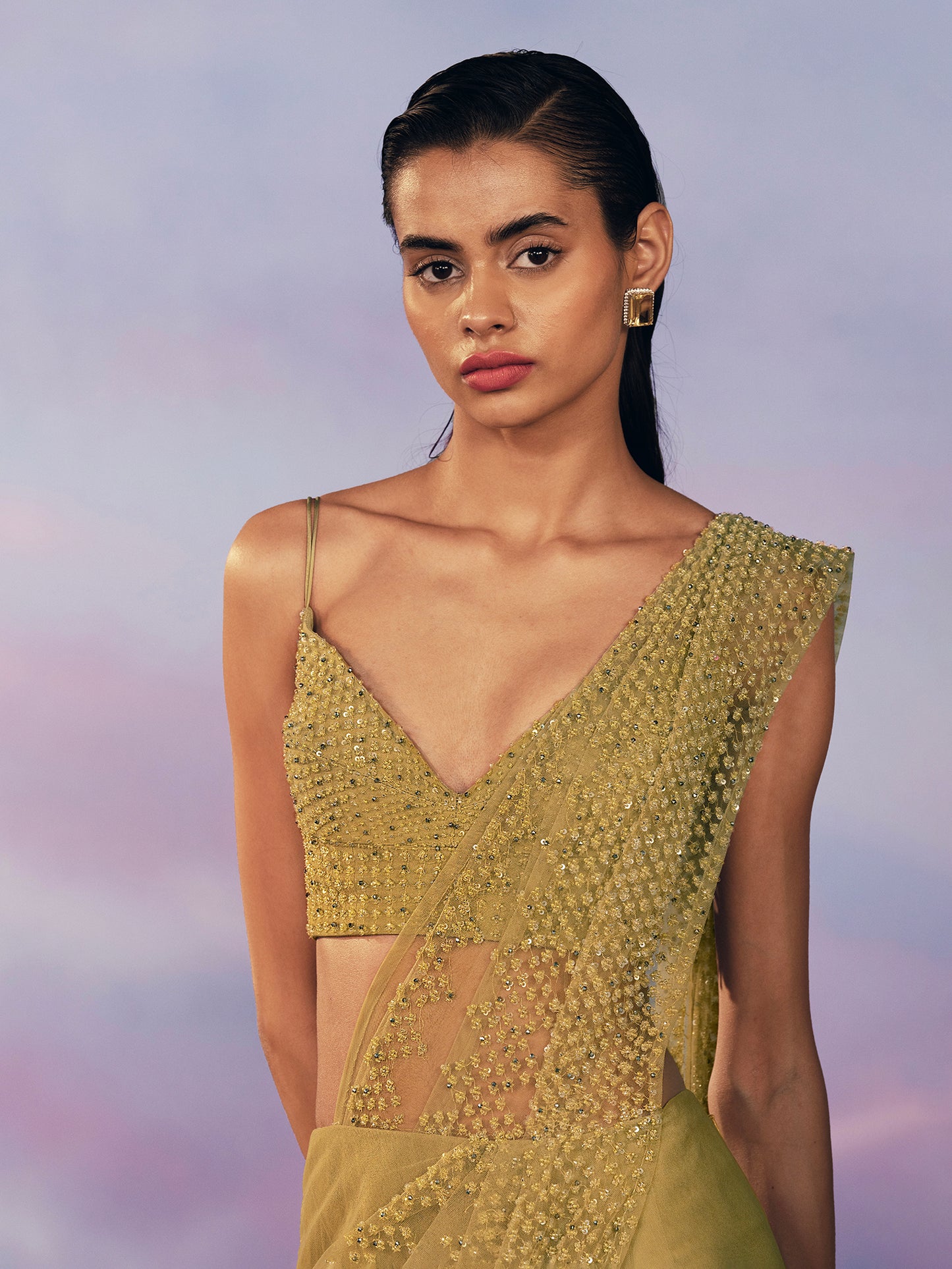 Peridot Leaf Green Tulle Draped Sari