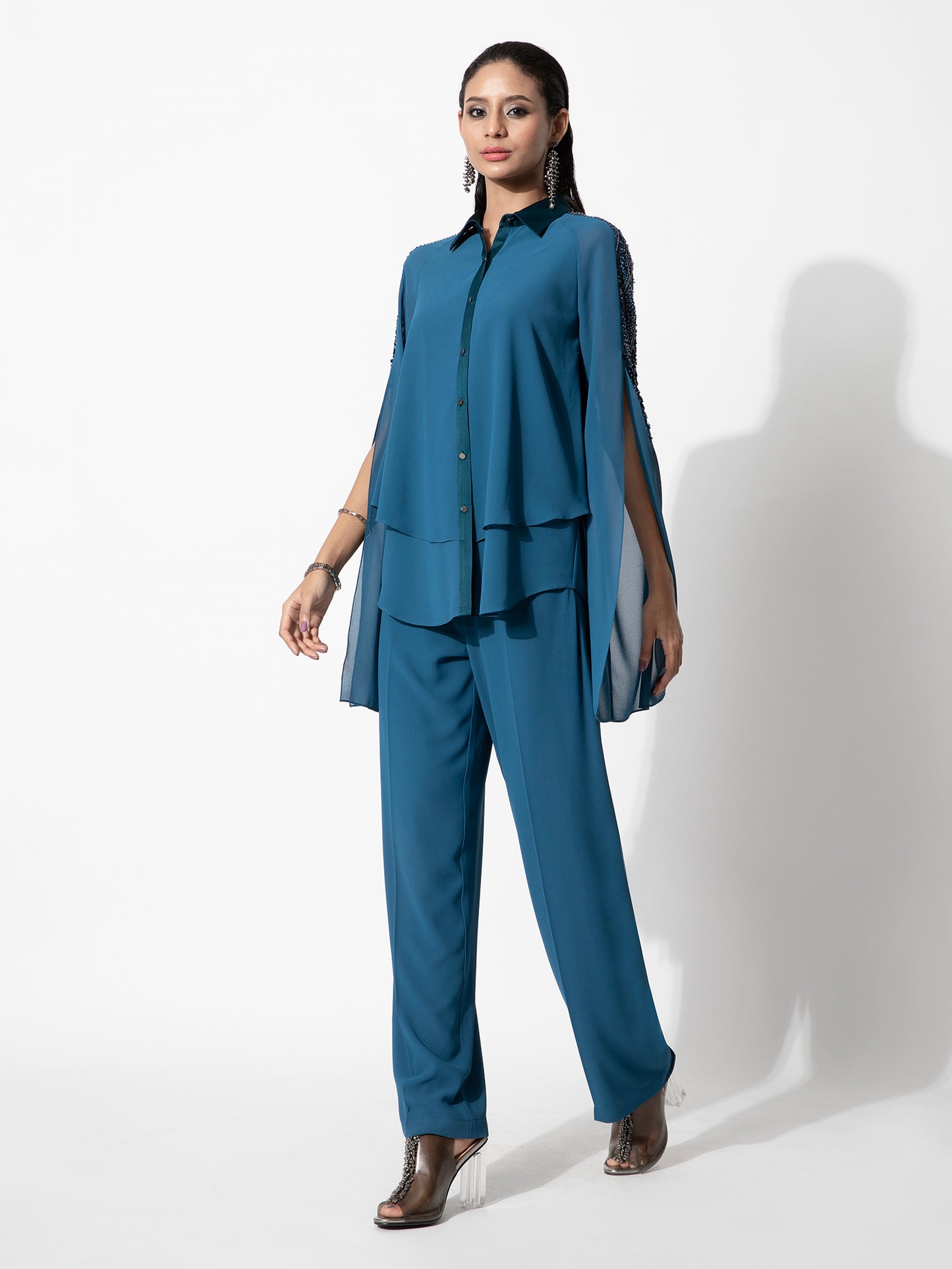 Paneled Shirt with Slit Sleeves