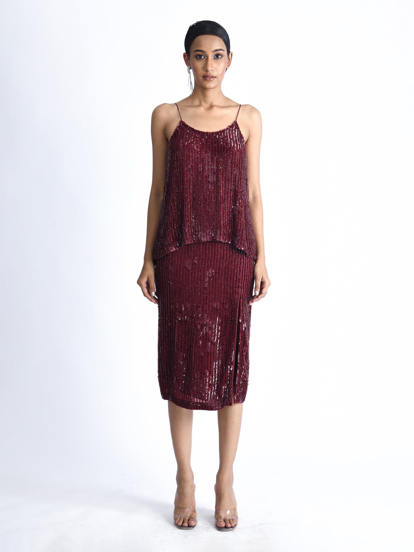 Arrow Sequins Swing Top With Slit Skirt