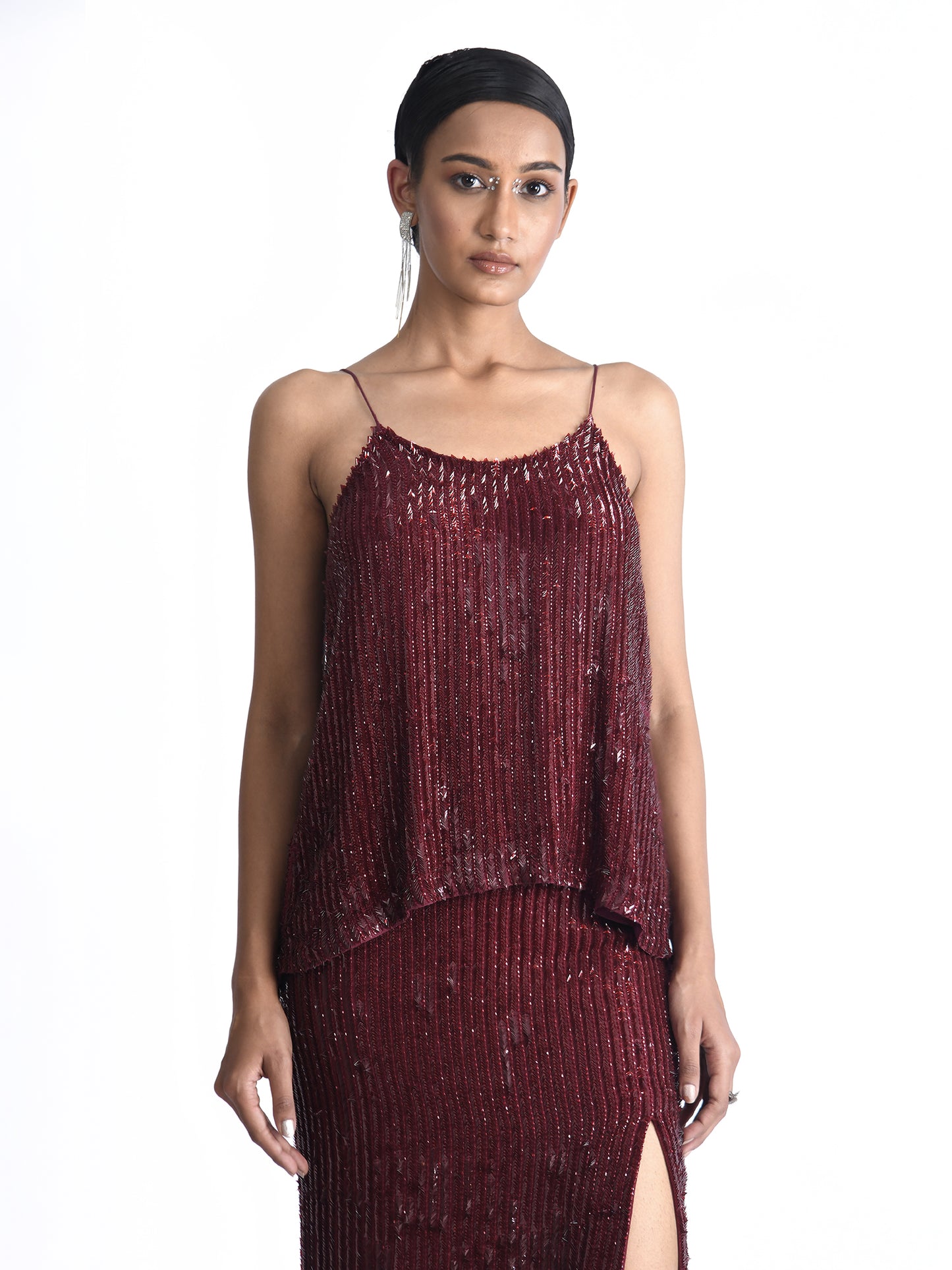 Arrow Sequins Swing Top With Slit Skirt