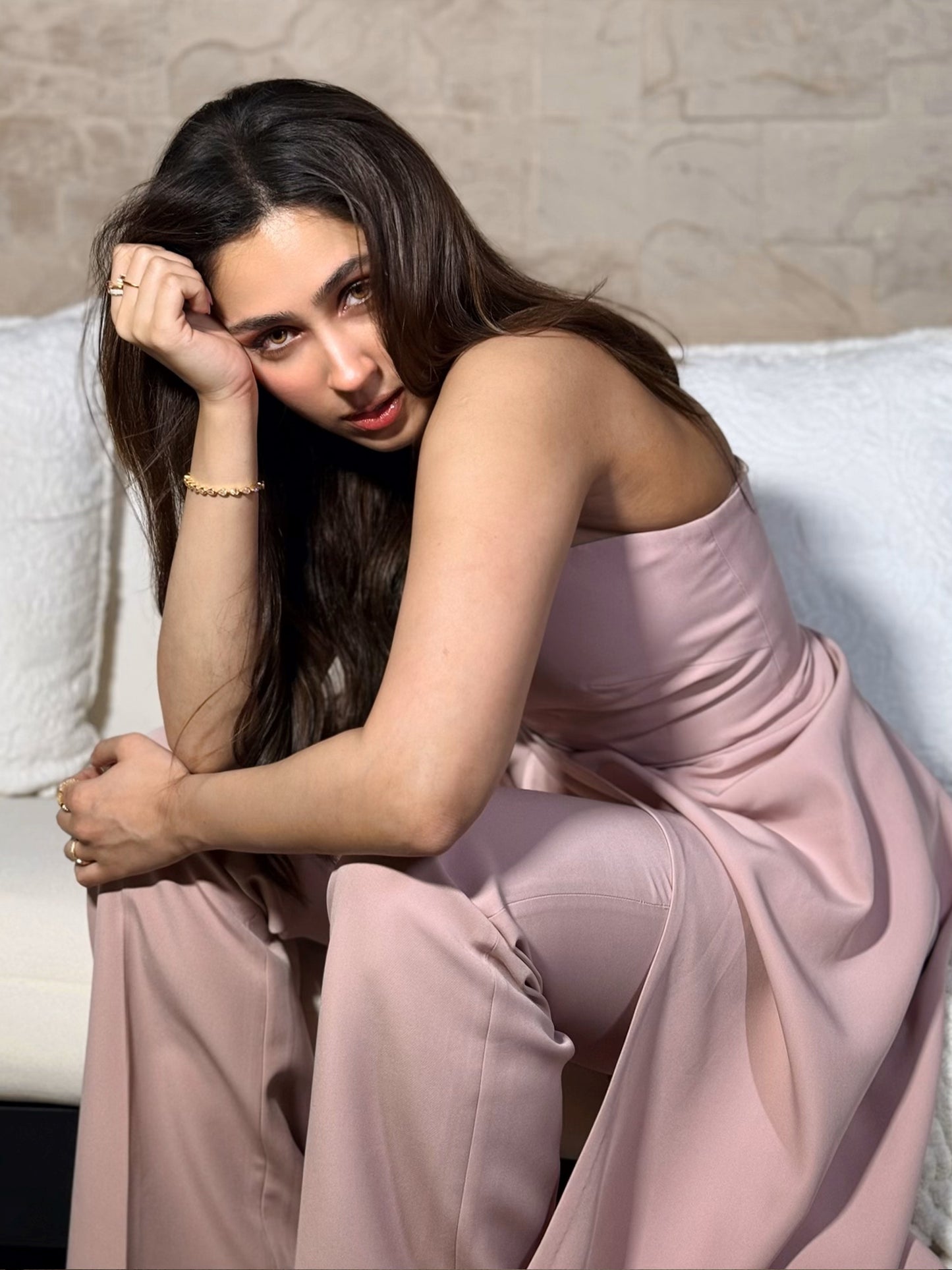 Pashmina Roshan In Blush Pink Strapless Jumpsuit