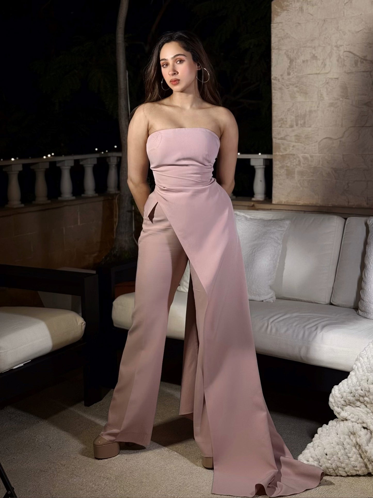 Pashmina Roshan In Blush Pink Strapless Jumpsuit