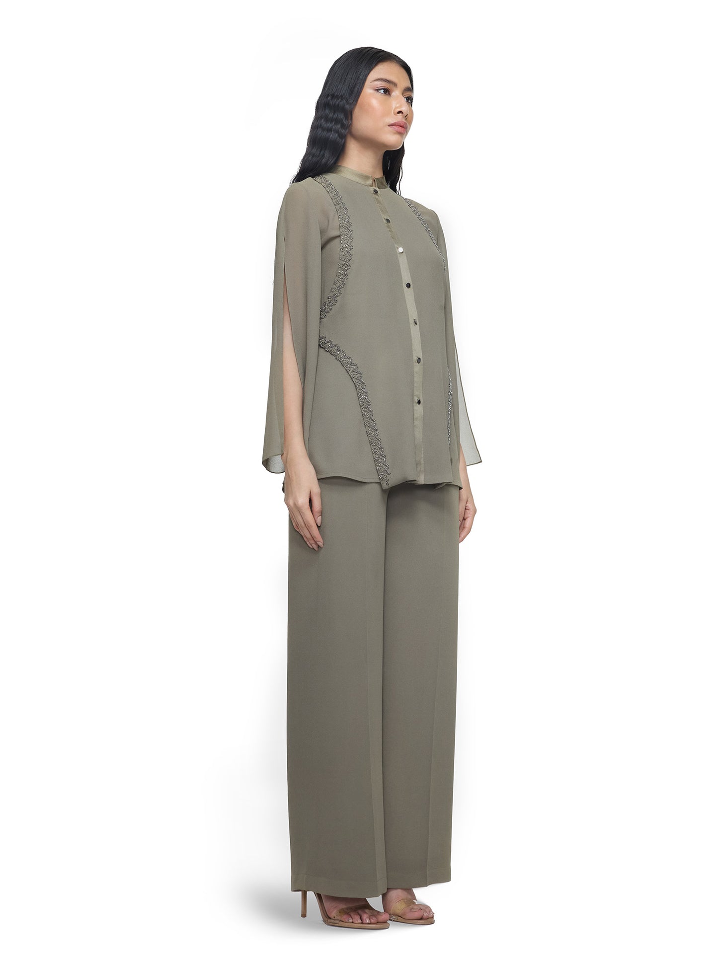 Cut-Out Sleeve Patterned Embroidery Top Set