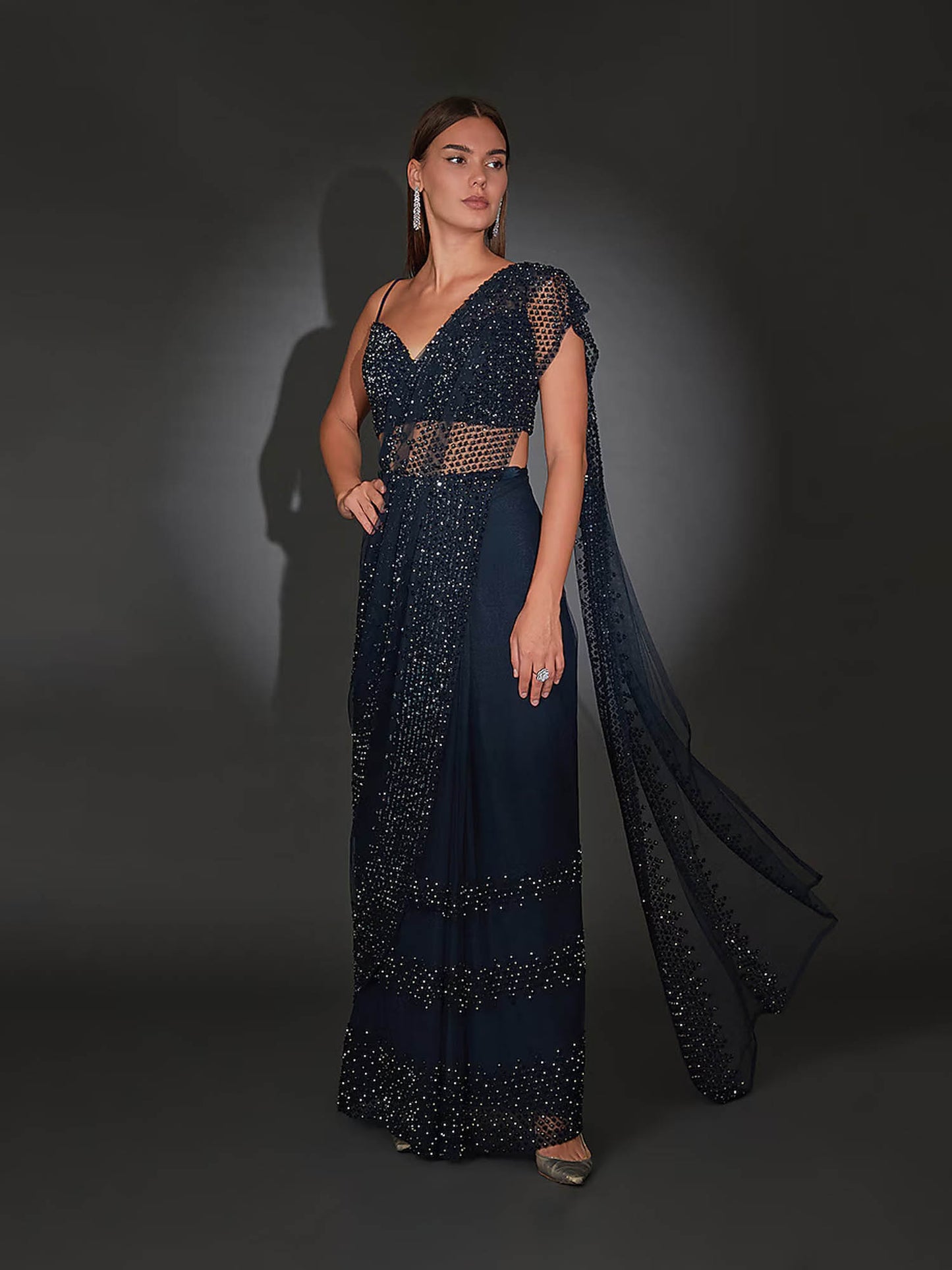 Peridot Tulle Draped Navy Saree
