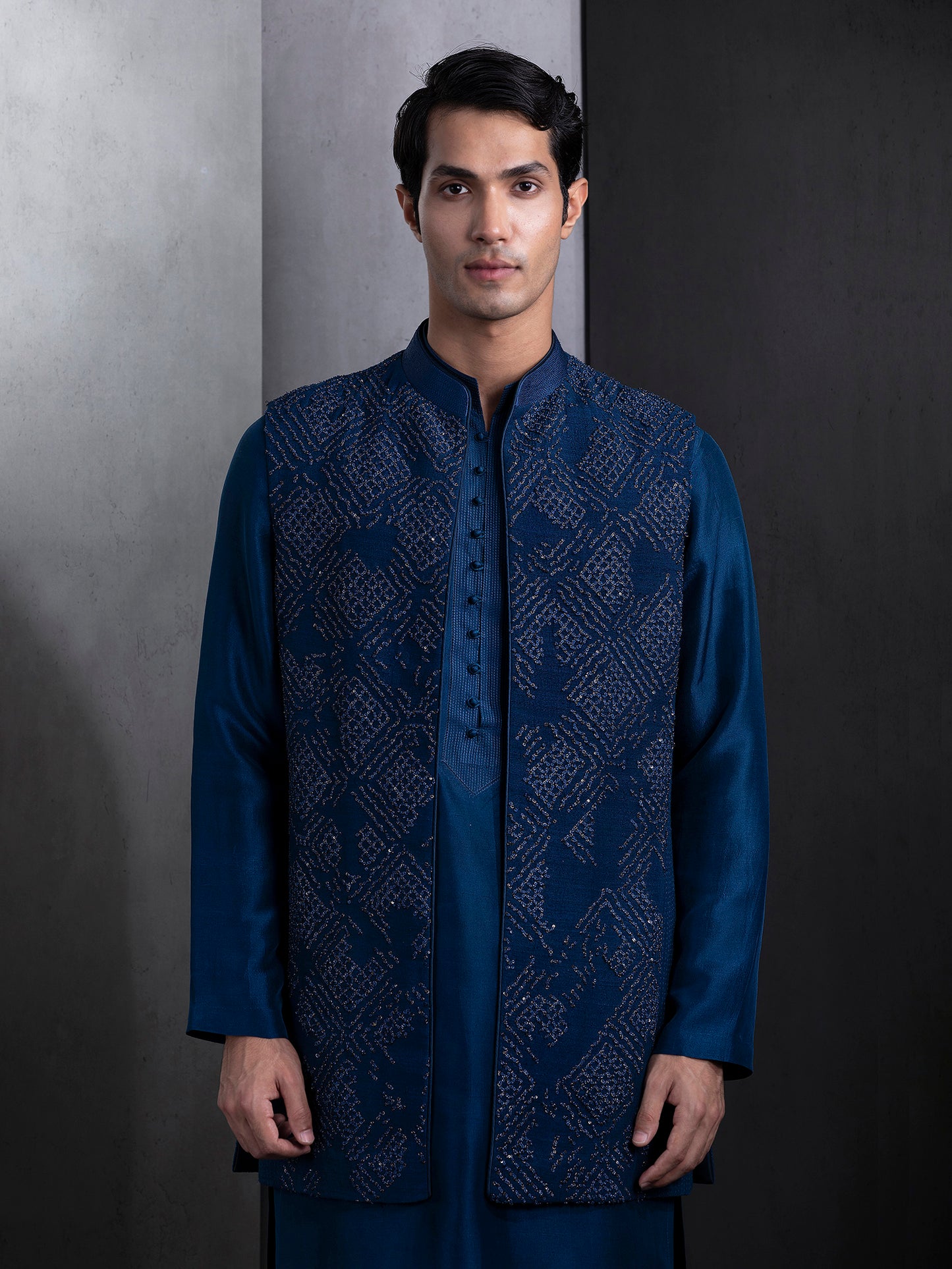 Long Hand Embroidered Galaxy Blue Bundi Set