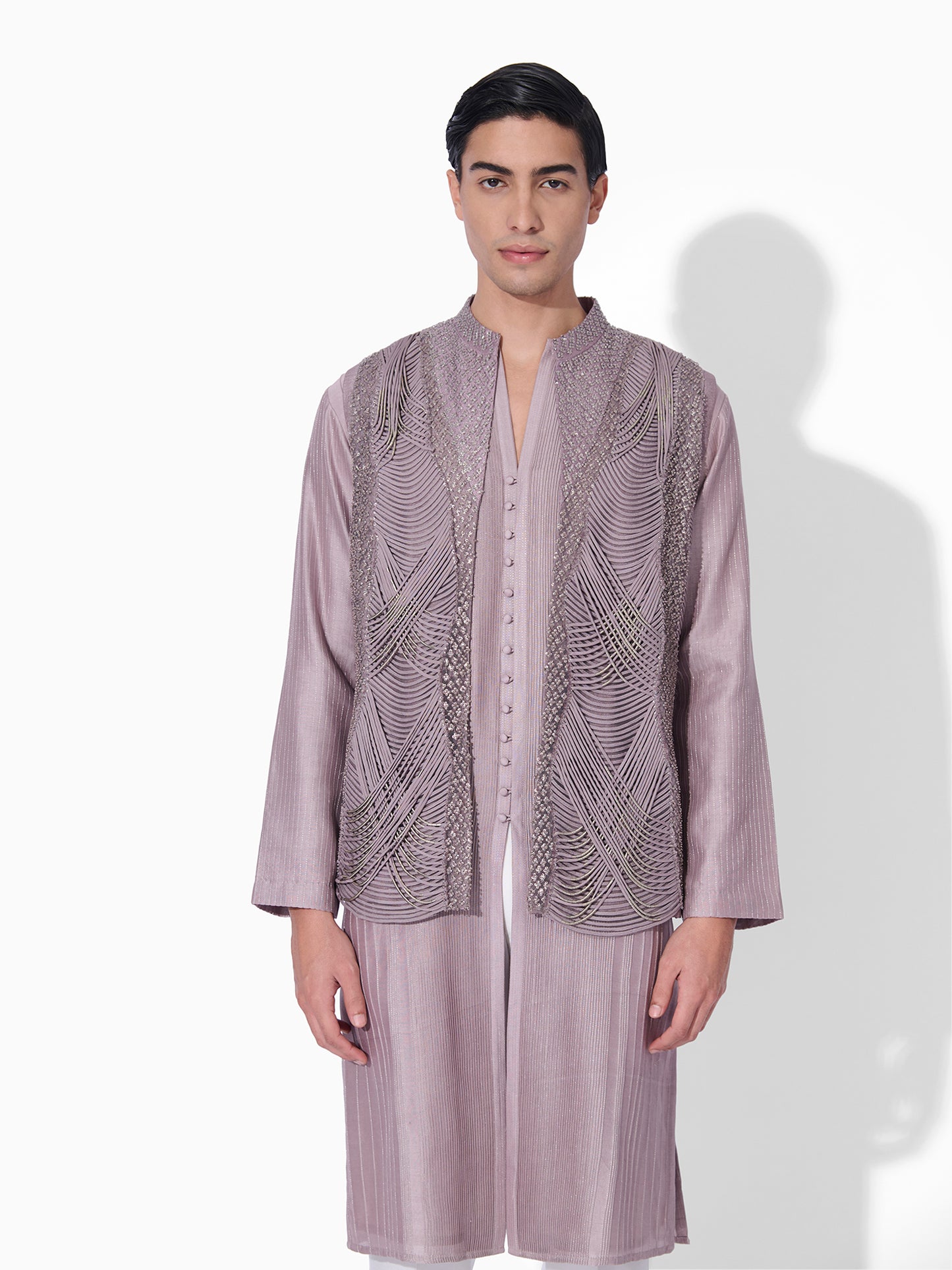 Rose Steel Embroidered Open-Front Bundi Set