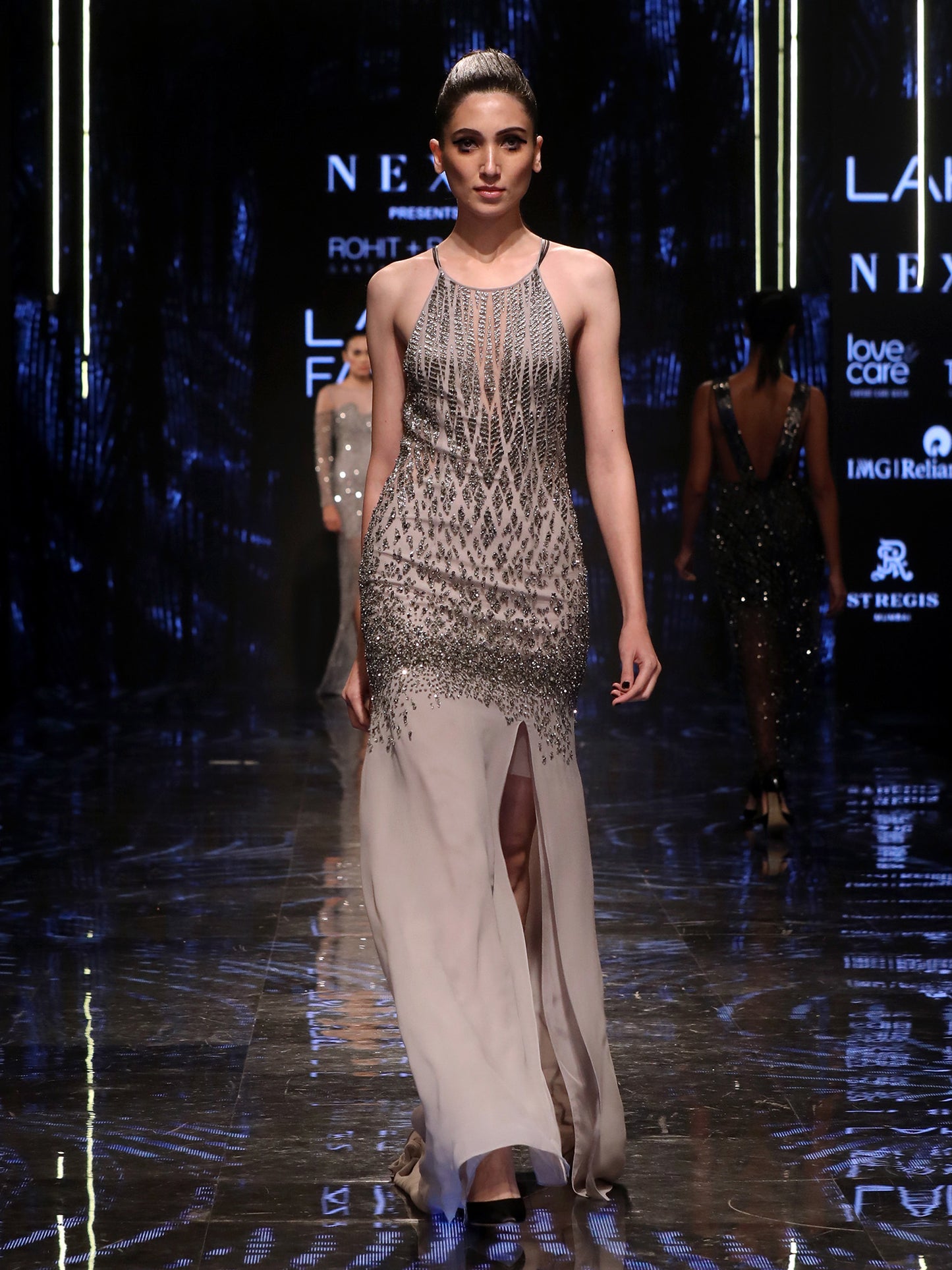 Grey Embellished Halter Neck Dress