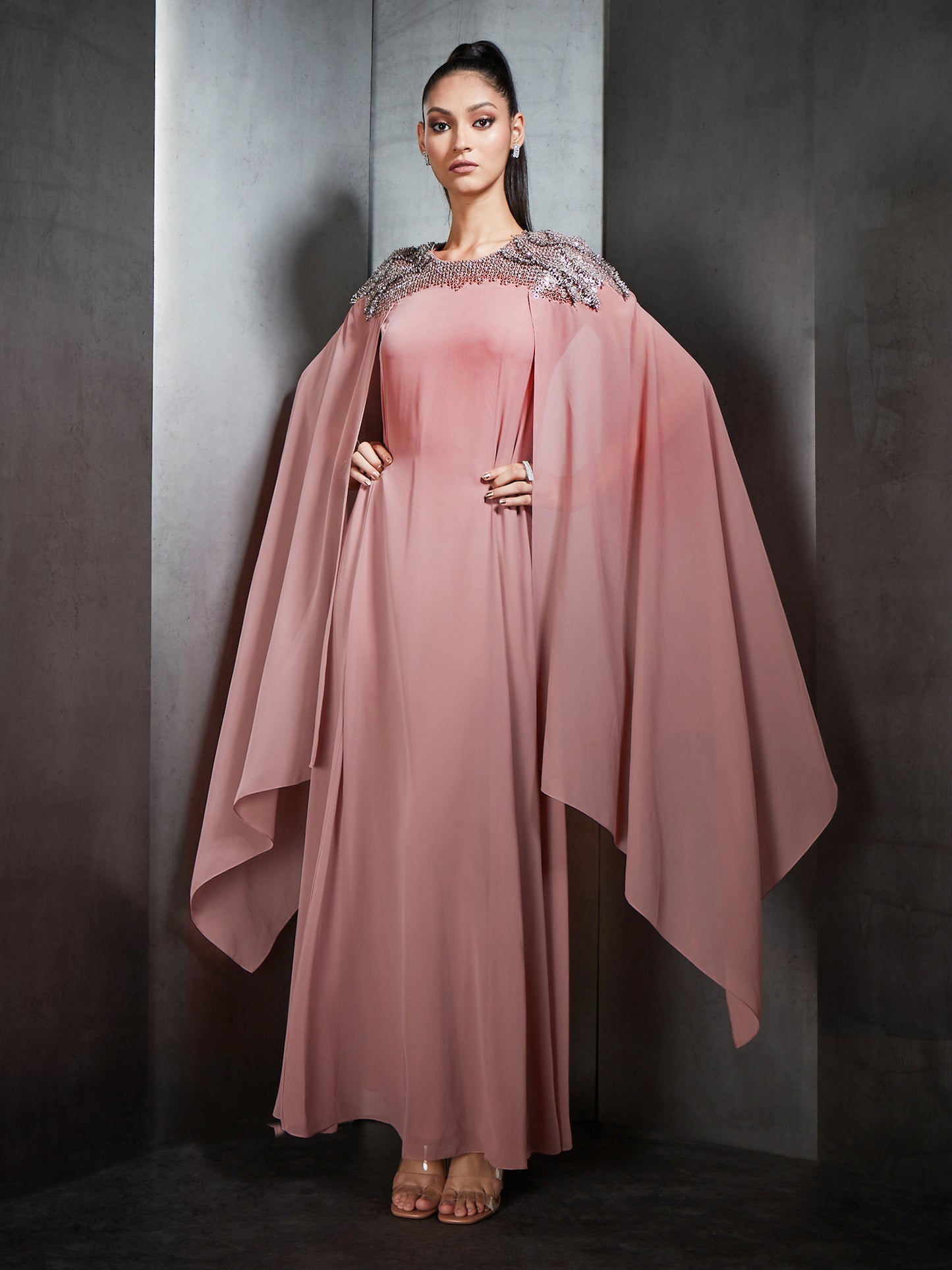 Embroidered Long Kaftan With Cape Sleeves