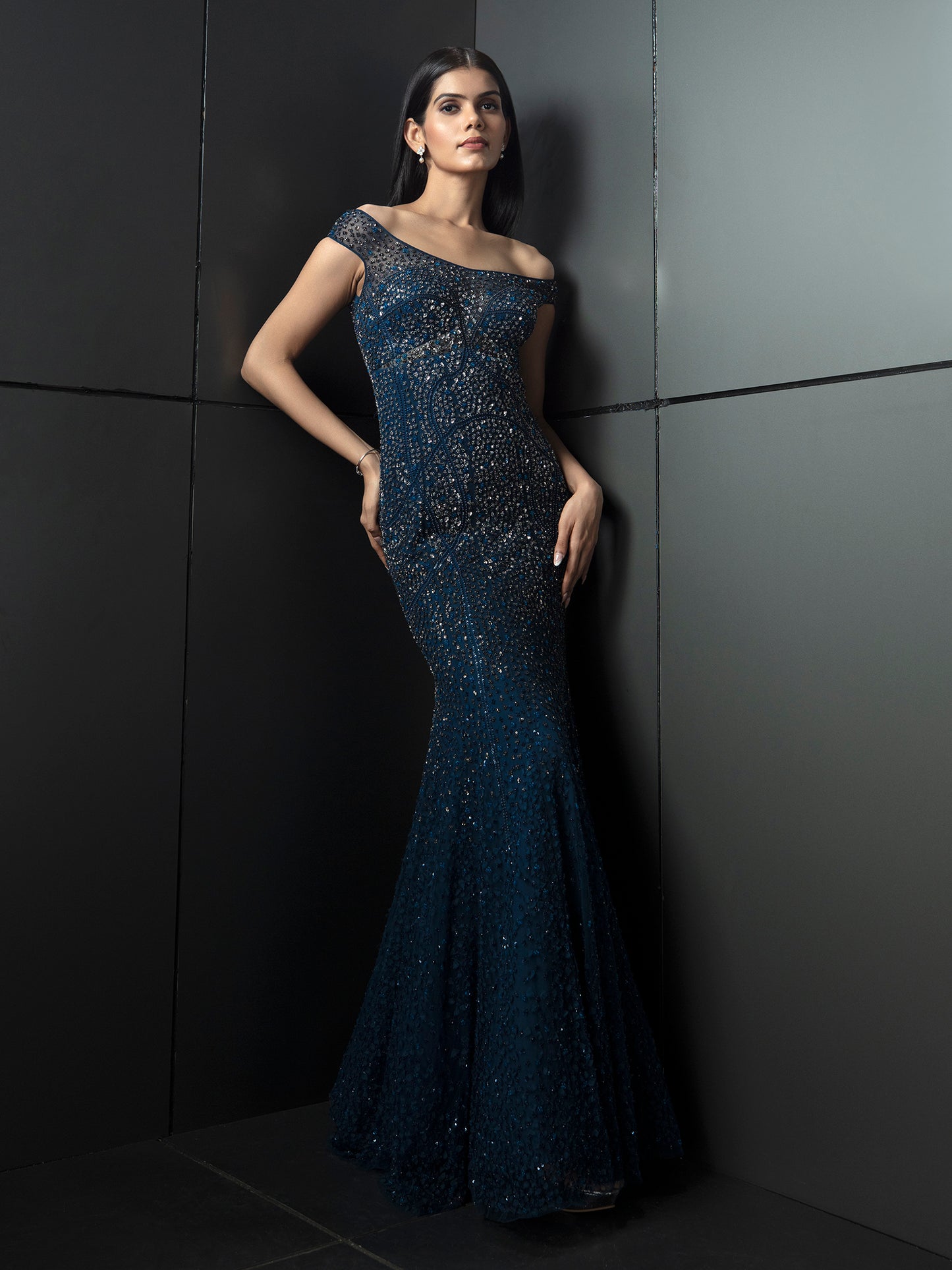 Galaxy Blue Starburst Off-Shoulder Gown