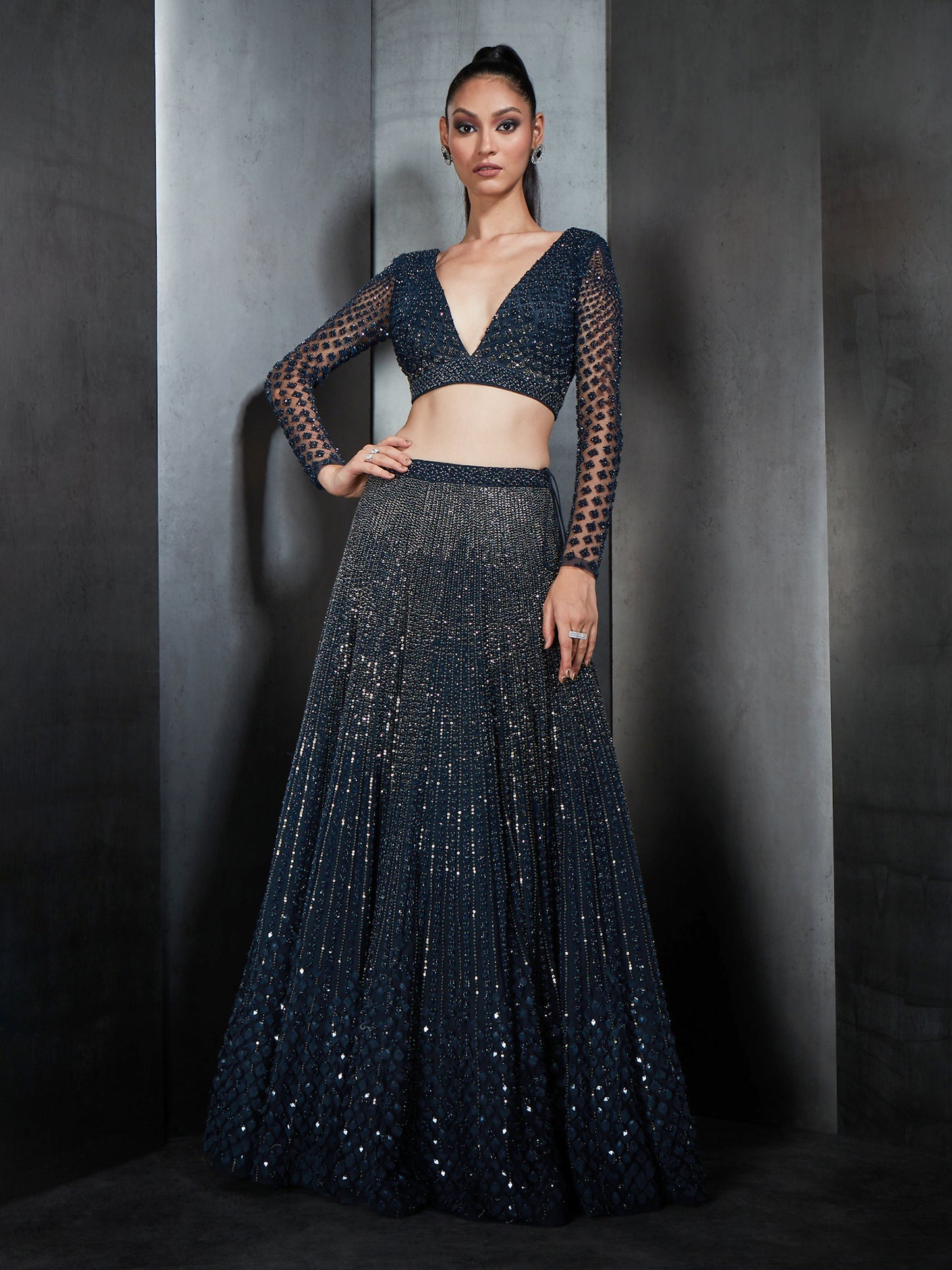 Heavily Embellished Lehenga With Deep V-Neck Blouse