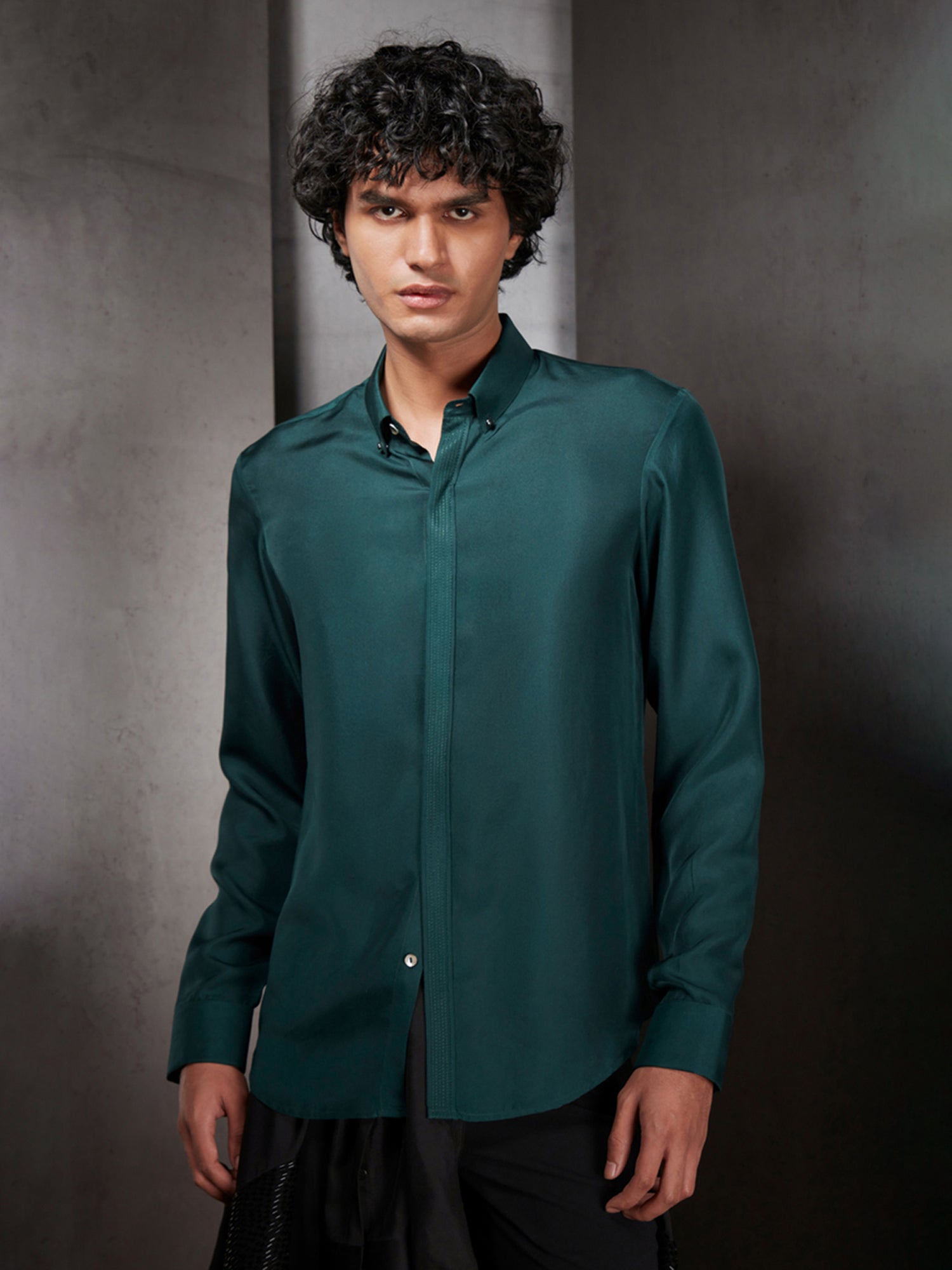 Dark green silk sales shirt