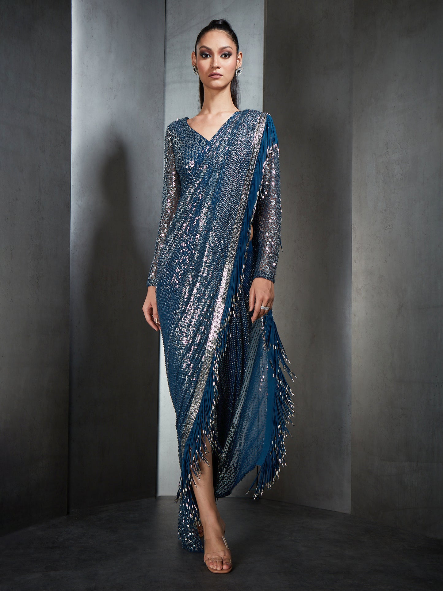 Draped Saree With Metallic Fringes