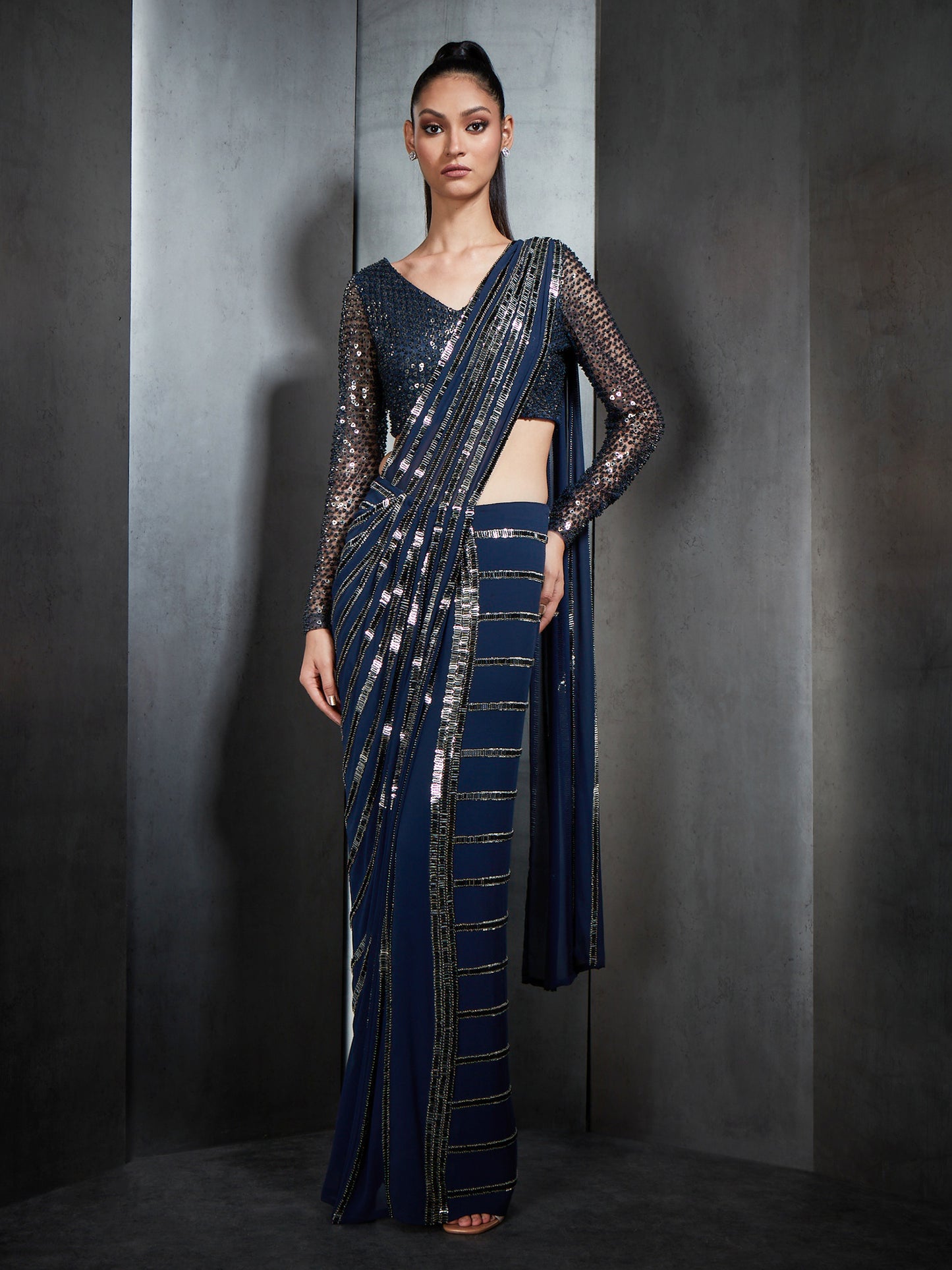 Draped Saree In Nylon Tulle Base With Linear Metallic Bead