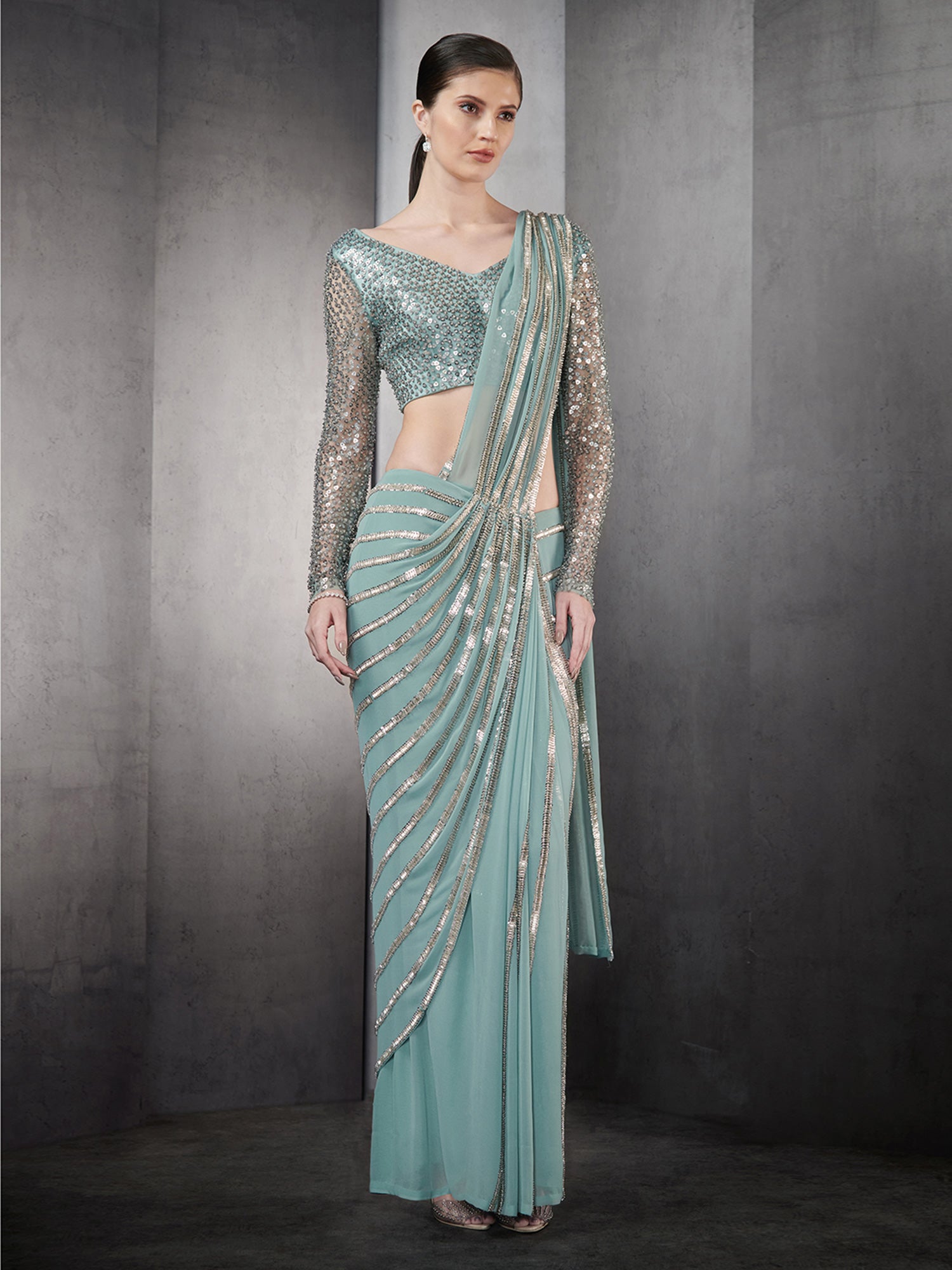 Draped Saree In Nylon Tulle Base With Linear Metallic Bead