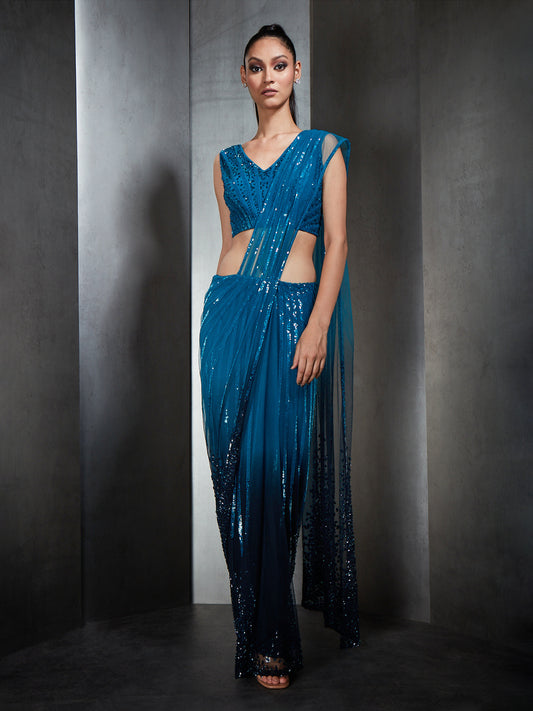 Ombre Stripe Embroidery Saree