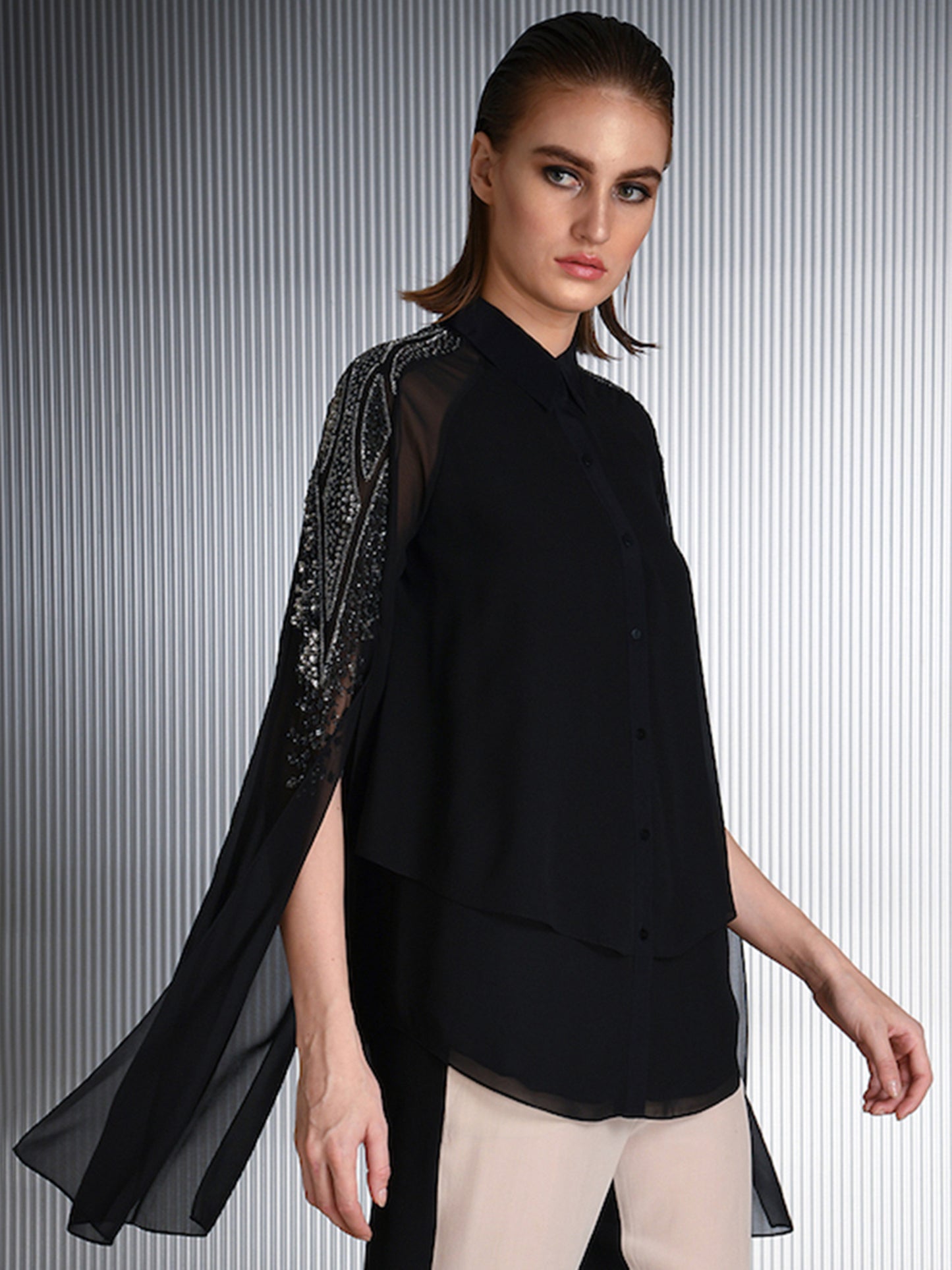 Paneled Shirt With Slit Sleeves