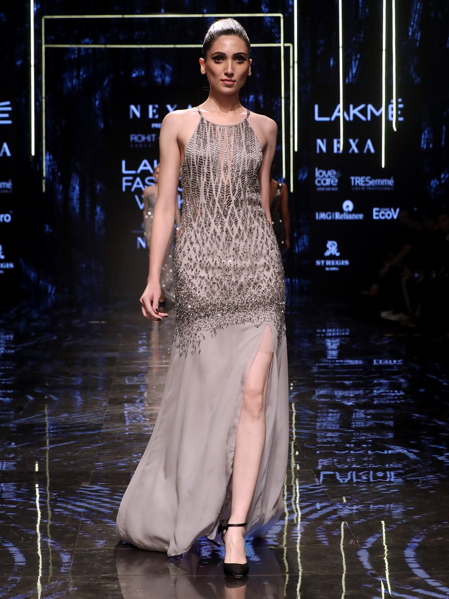 Grey Embellished Halter Neck Dress