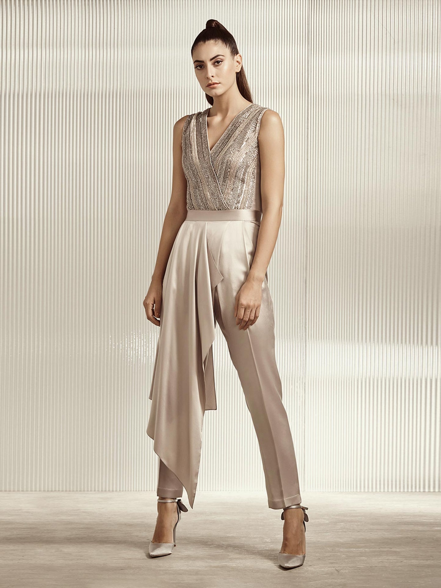 Rose Gold Embellished Draped Jumpsuit