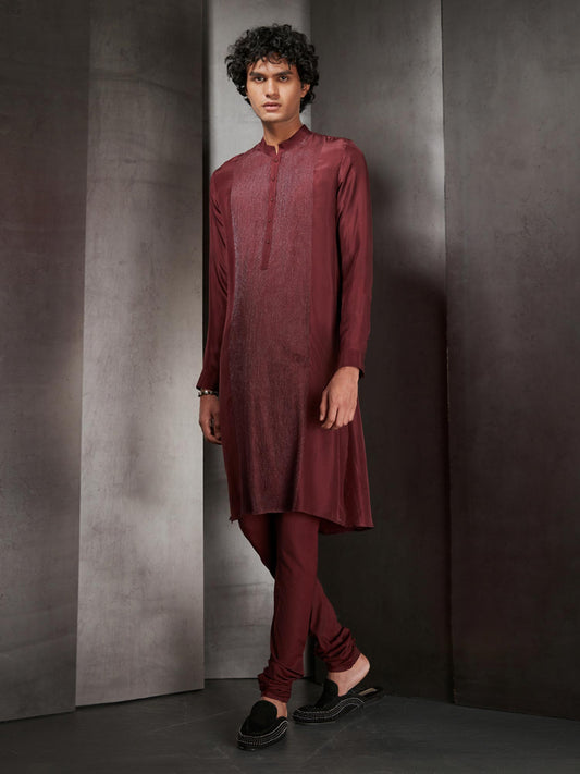 Maroon Zari Pintuck Silk Kurta Set
