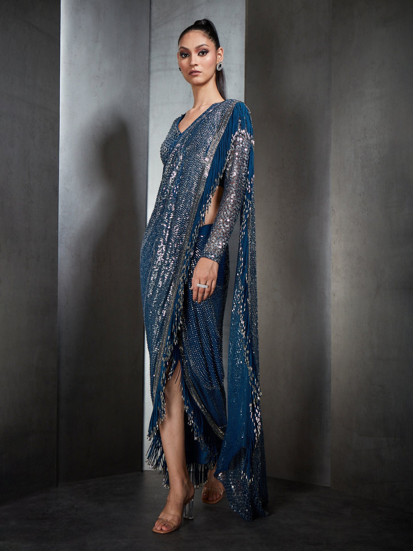 Draped Saree With Metallic Fringes