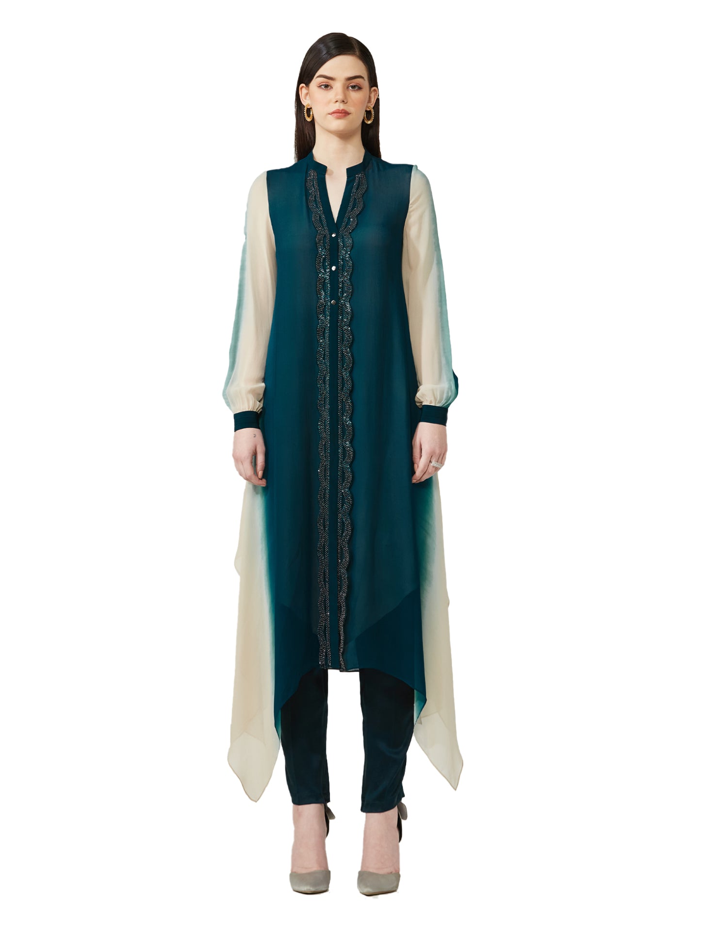 Asymmetric Embellished Ombre Kurta Set