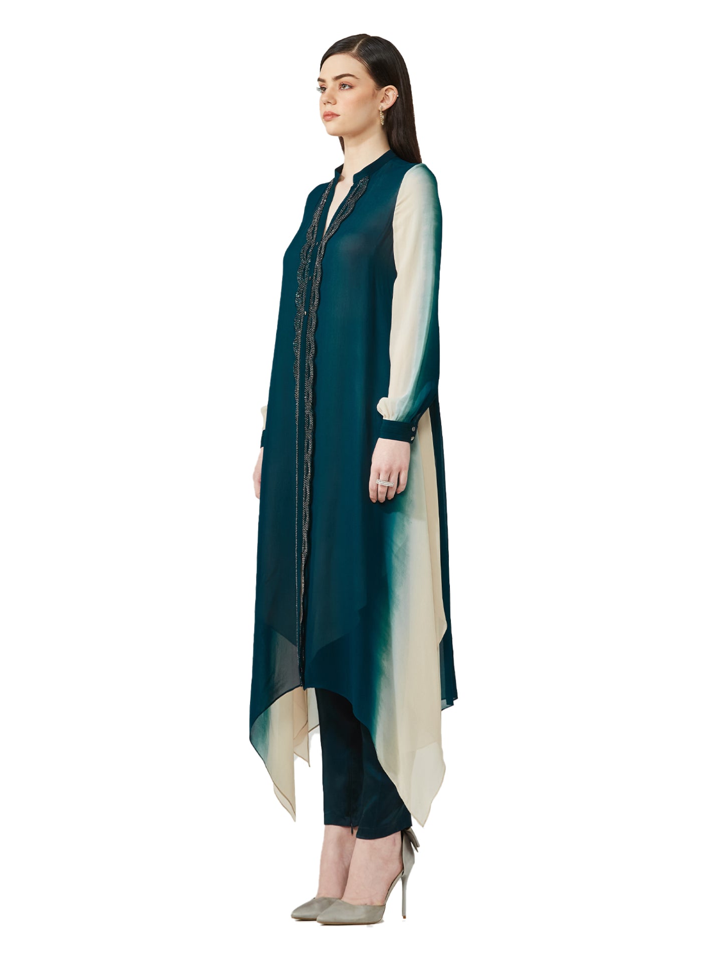 Asymmetric Embellished Ombre Kurta Set