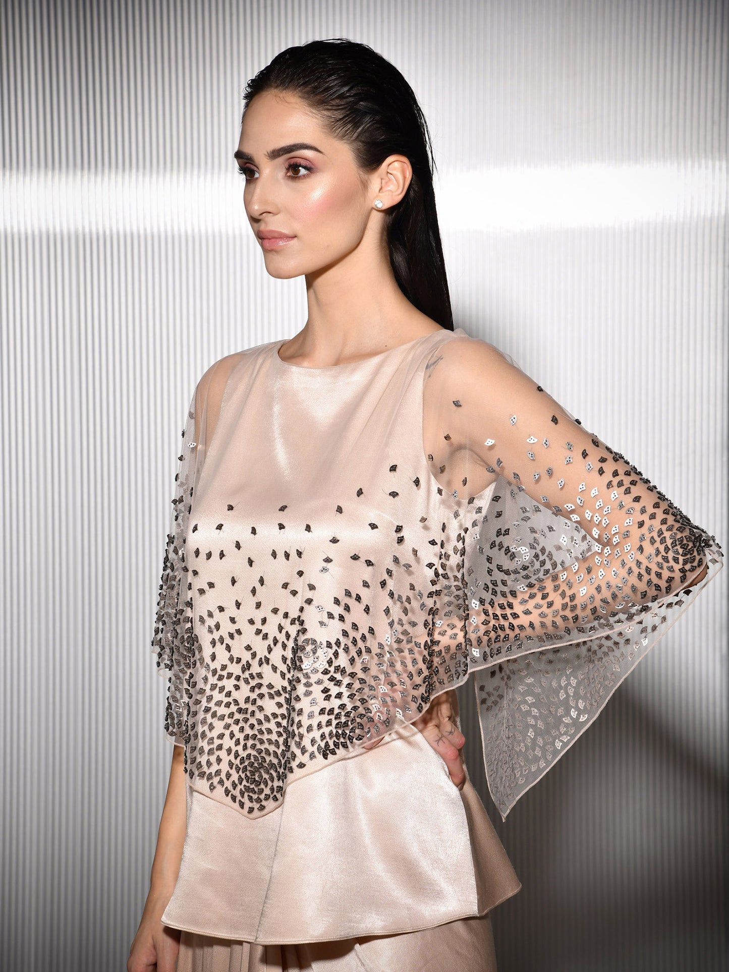 Seashell Metallic Cape Top With Embellishment