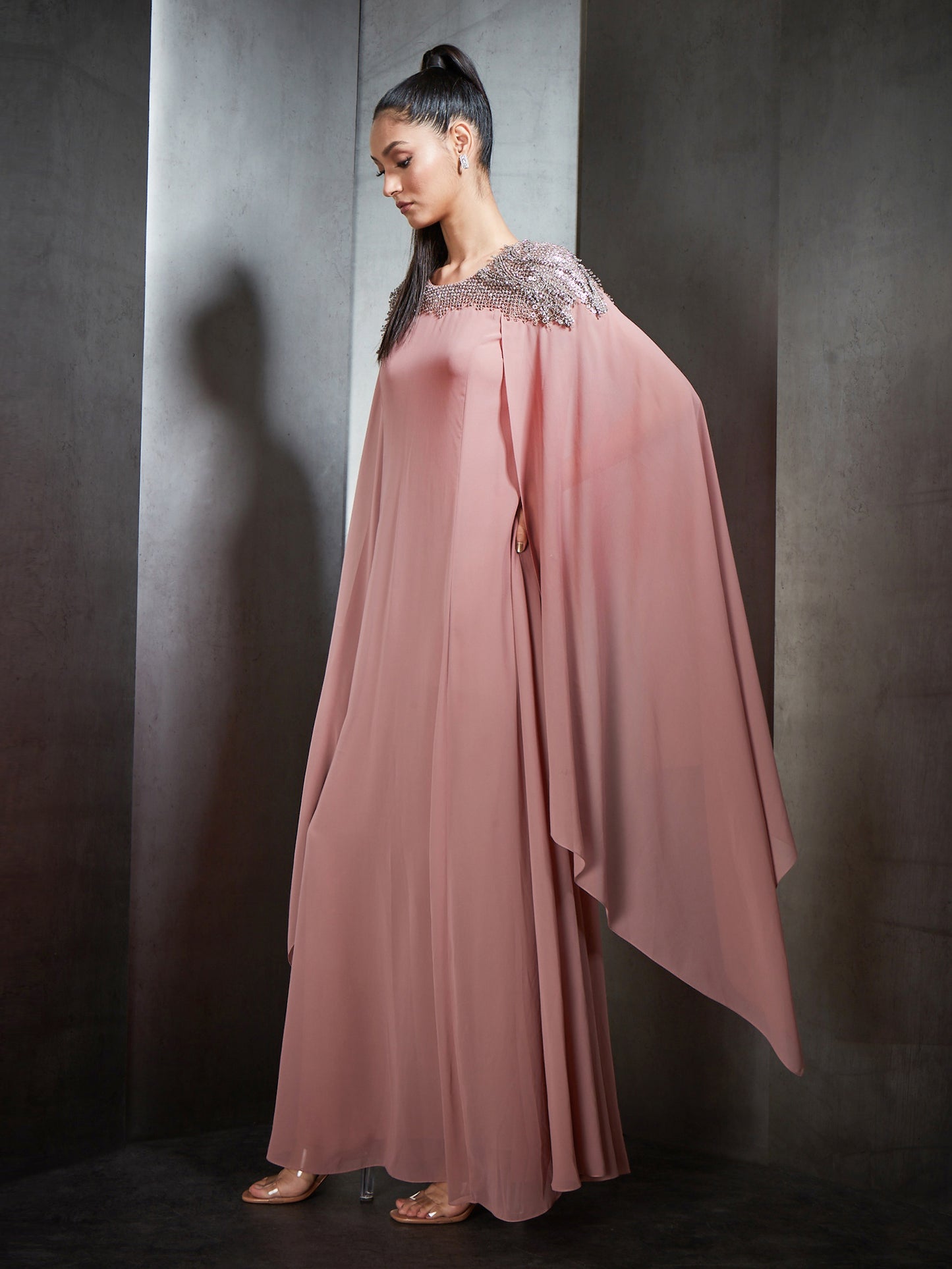 Embroidered Long Kaftan With Cape Sleeves