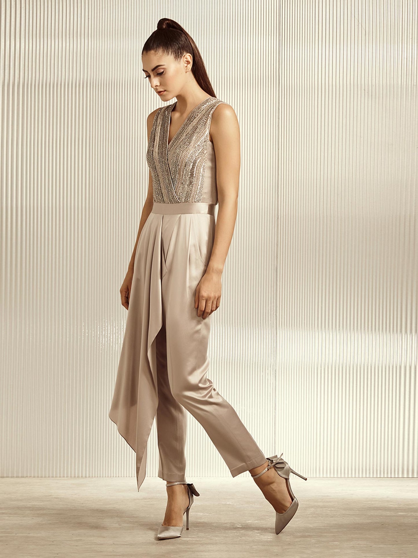 Rose Gold Embellished Draped Jumpsuit