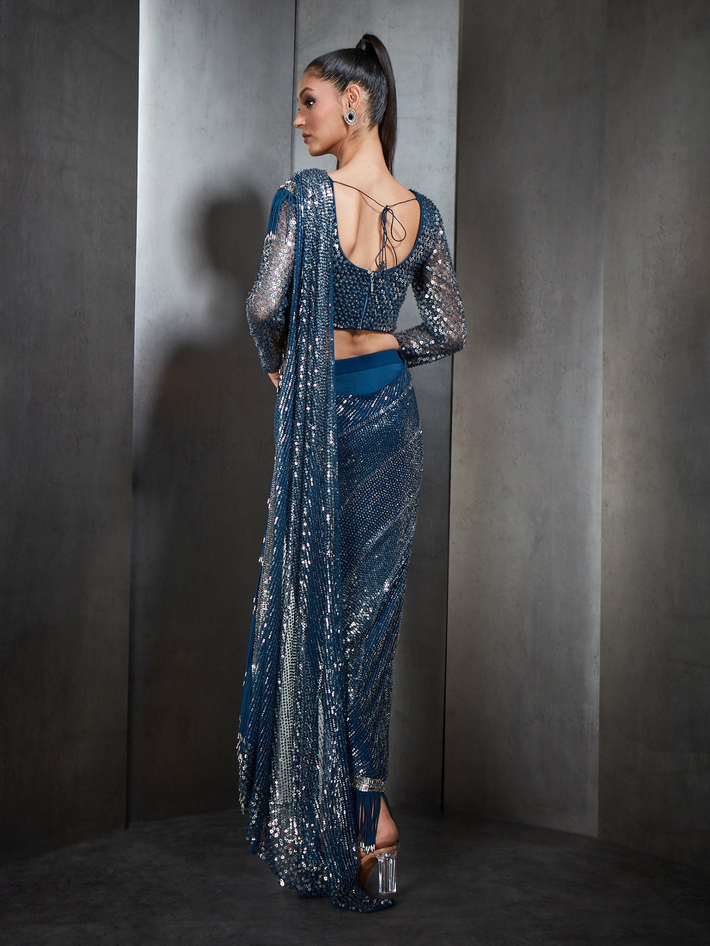 Draped Saree With Metallic Fringes