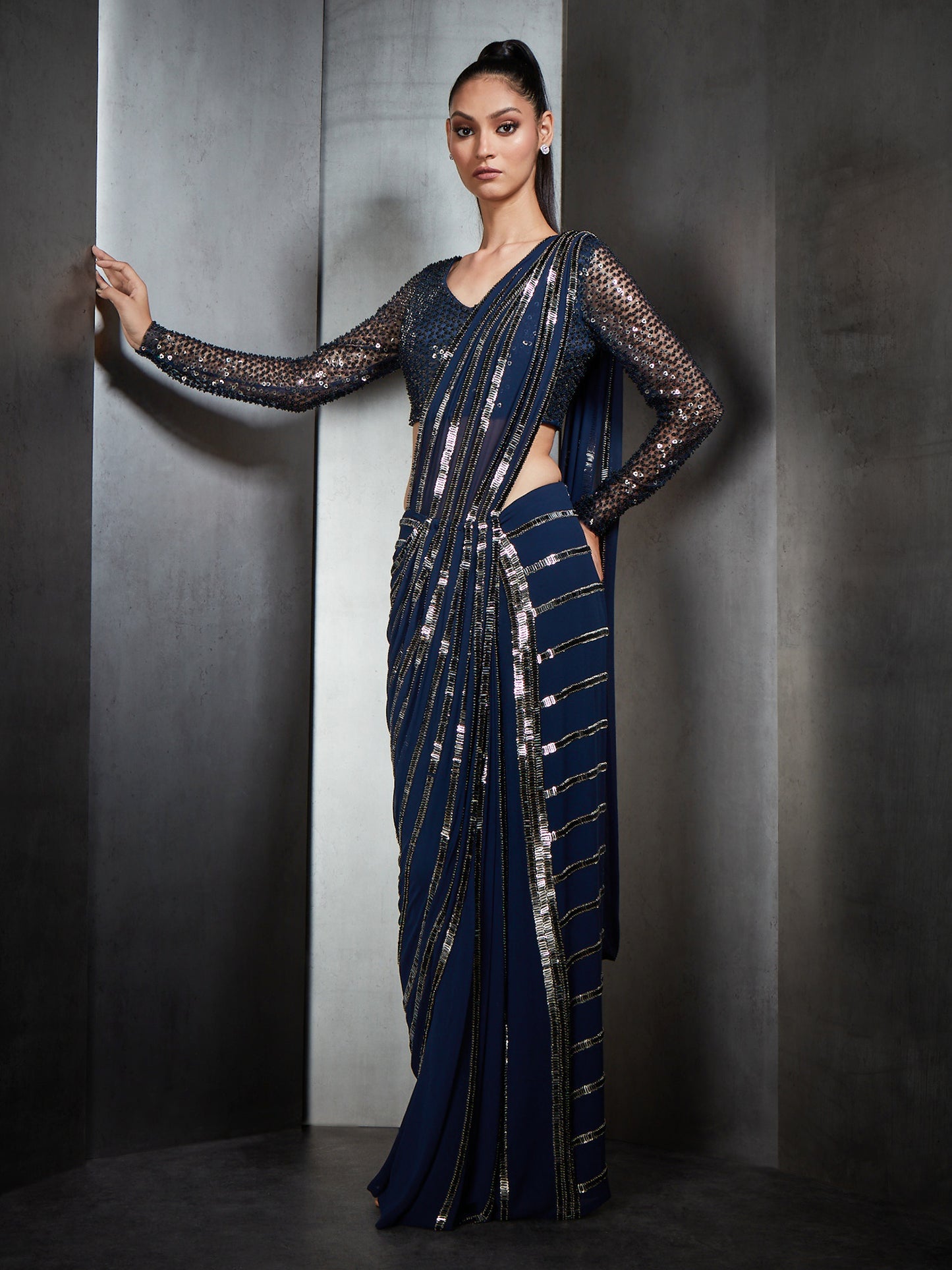 Draped Saree In Nylon Tulle Base With Linear Metallic Bead