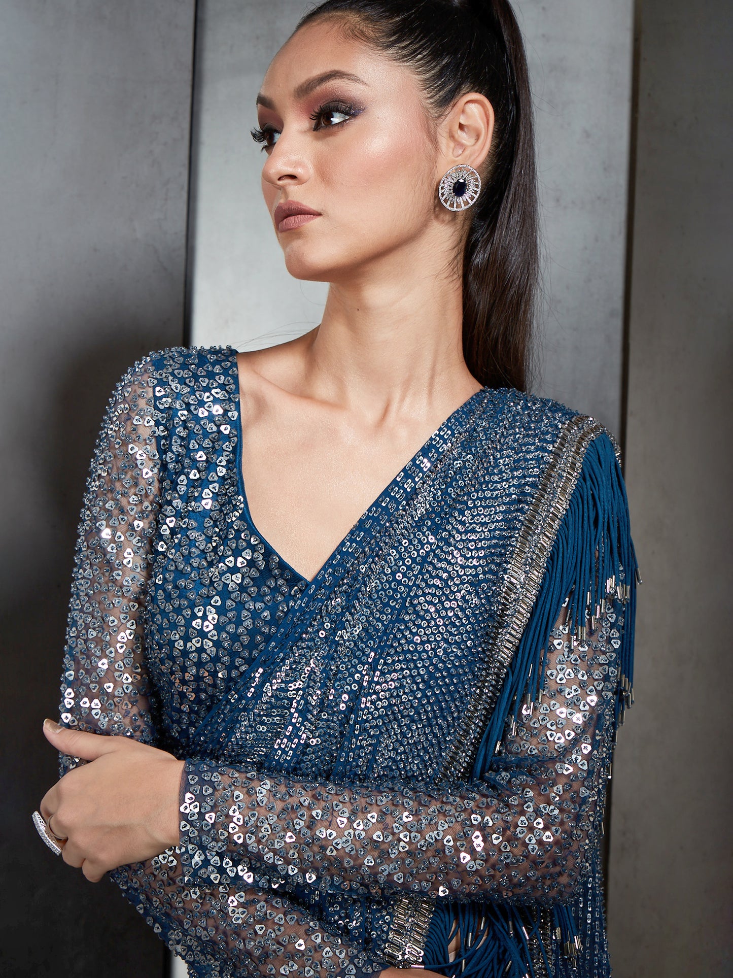 Draped Saree With Metallic Fringes