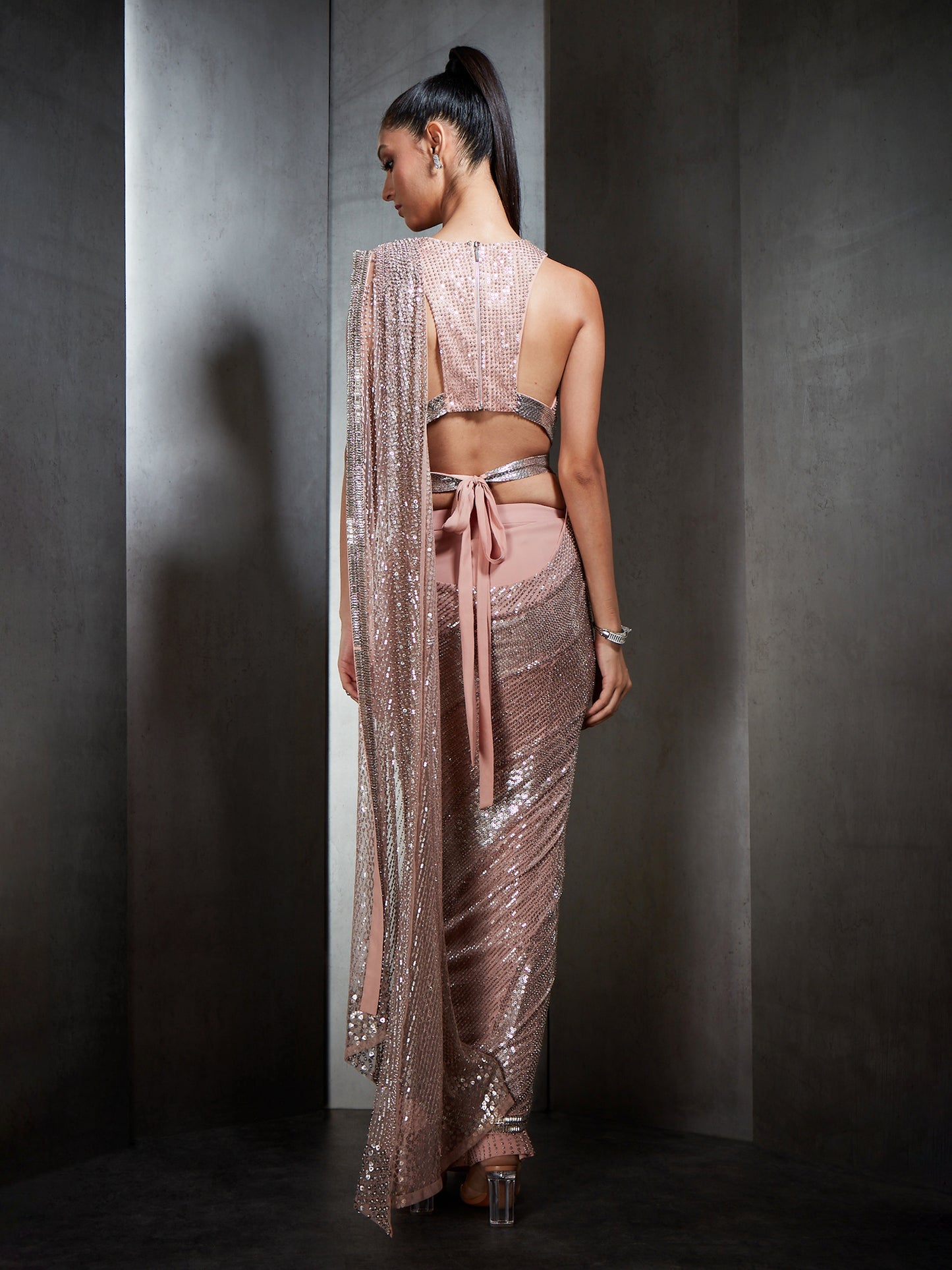 Pre Stich Sequin Crystal Beaded With Fringe Saree