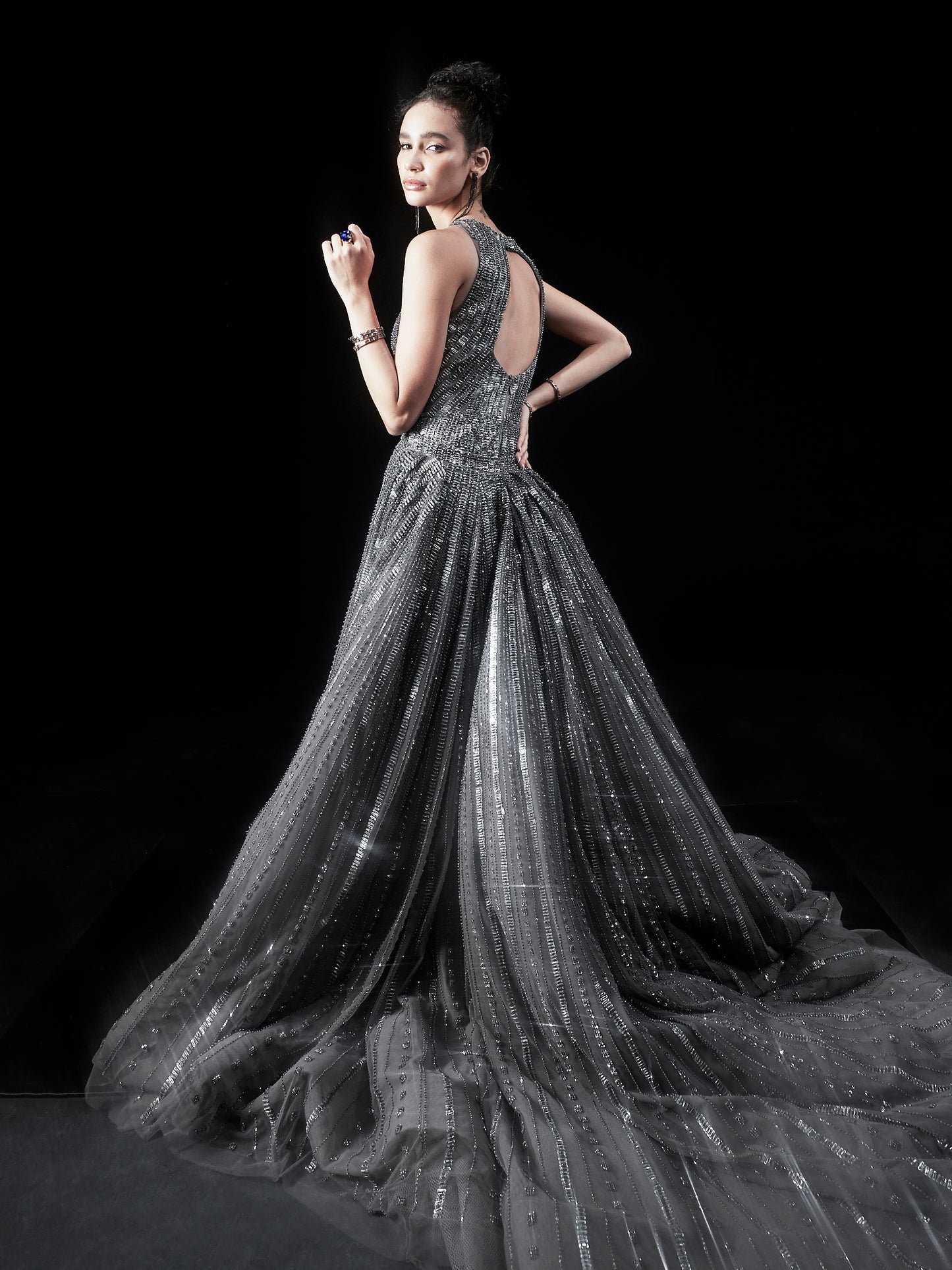 Fully Embellished crystals And Metallic Stripes Gown