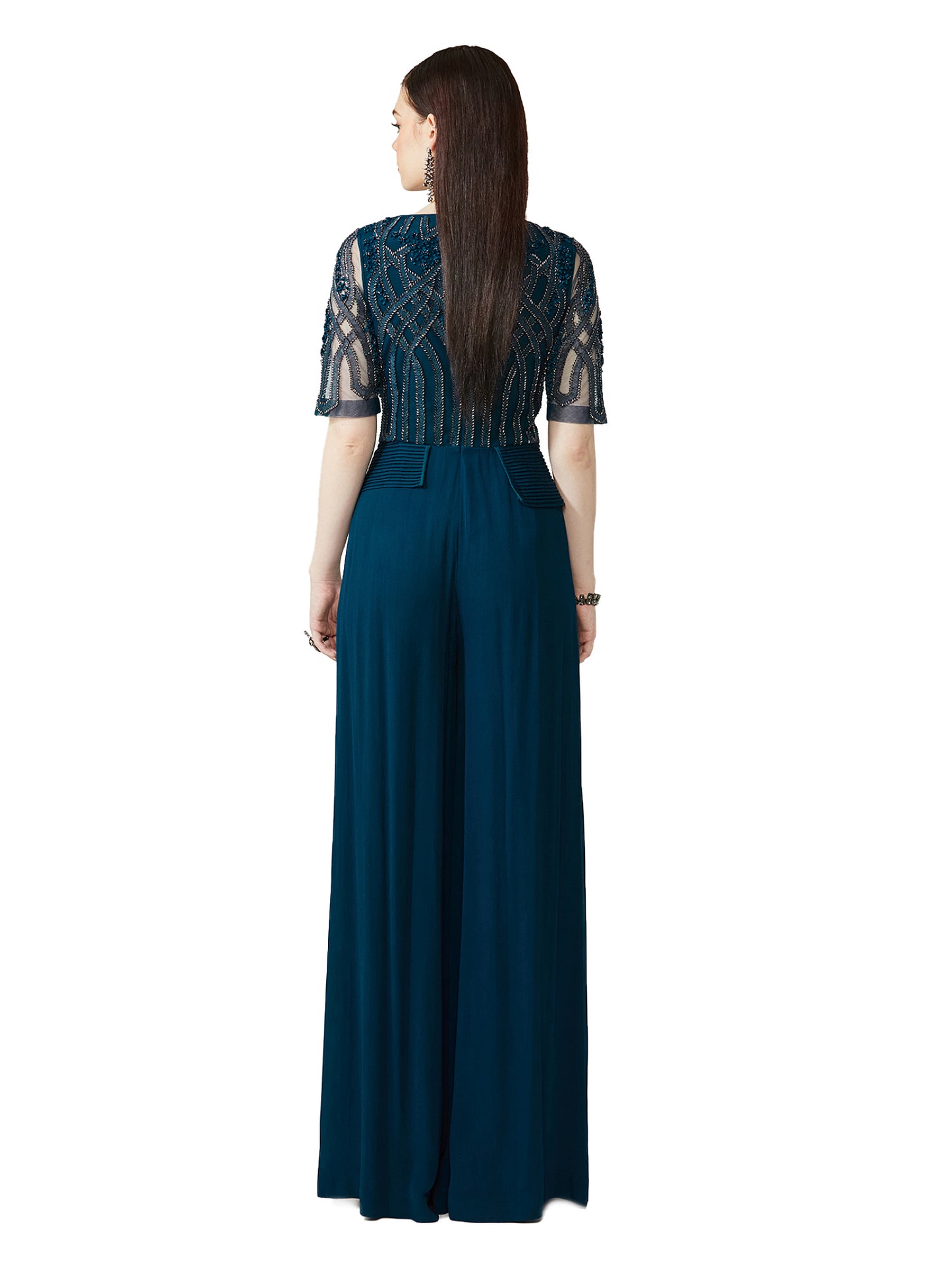 Galaxy Blue Embroidered Peplum Top With Skirt