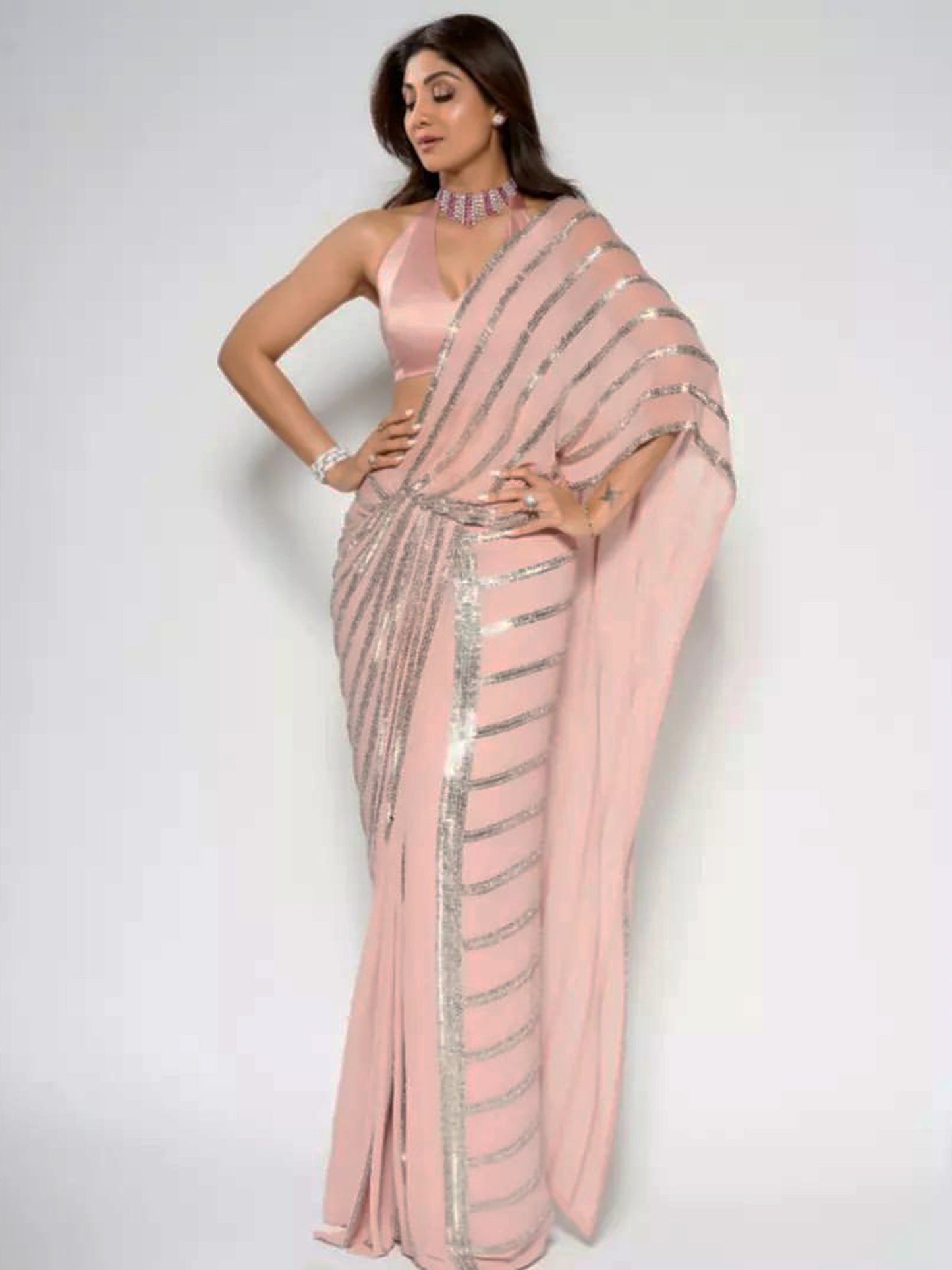 Shilpa Shetty In Linear Metallic Bead Draped Saree