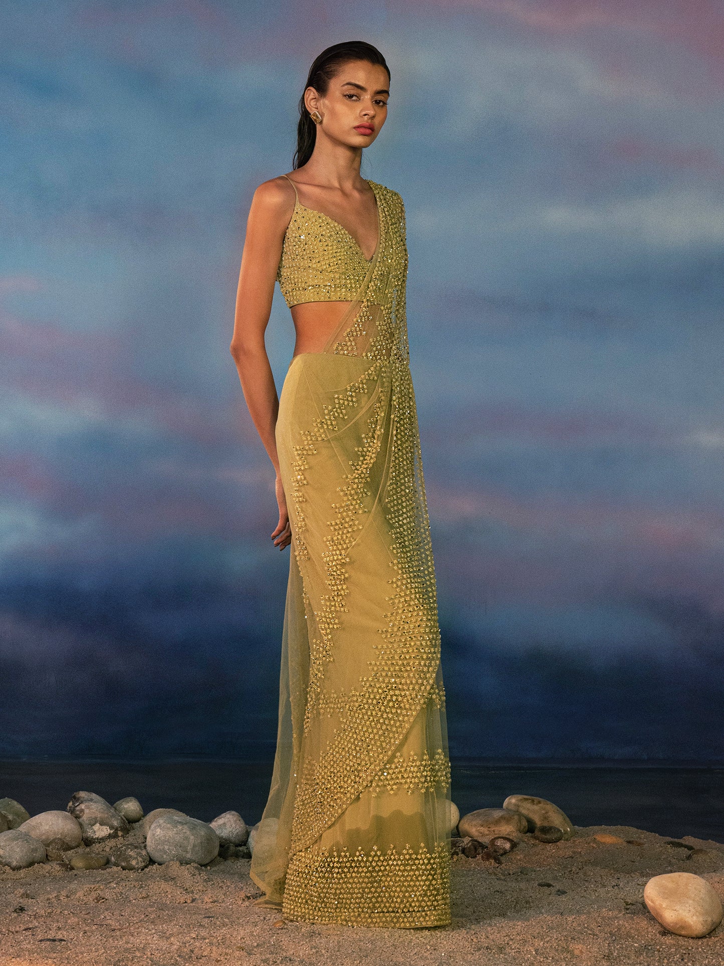 Peridot Leaf Green Tulle Draped Sari