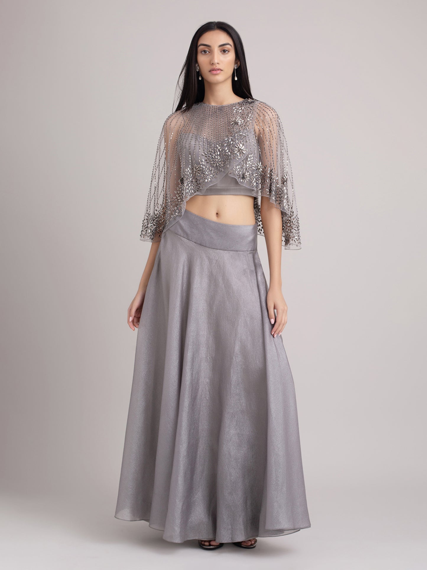 Metallic Embroidered Cape With Skirt Set